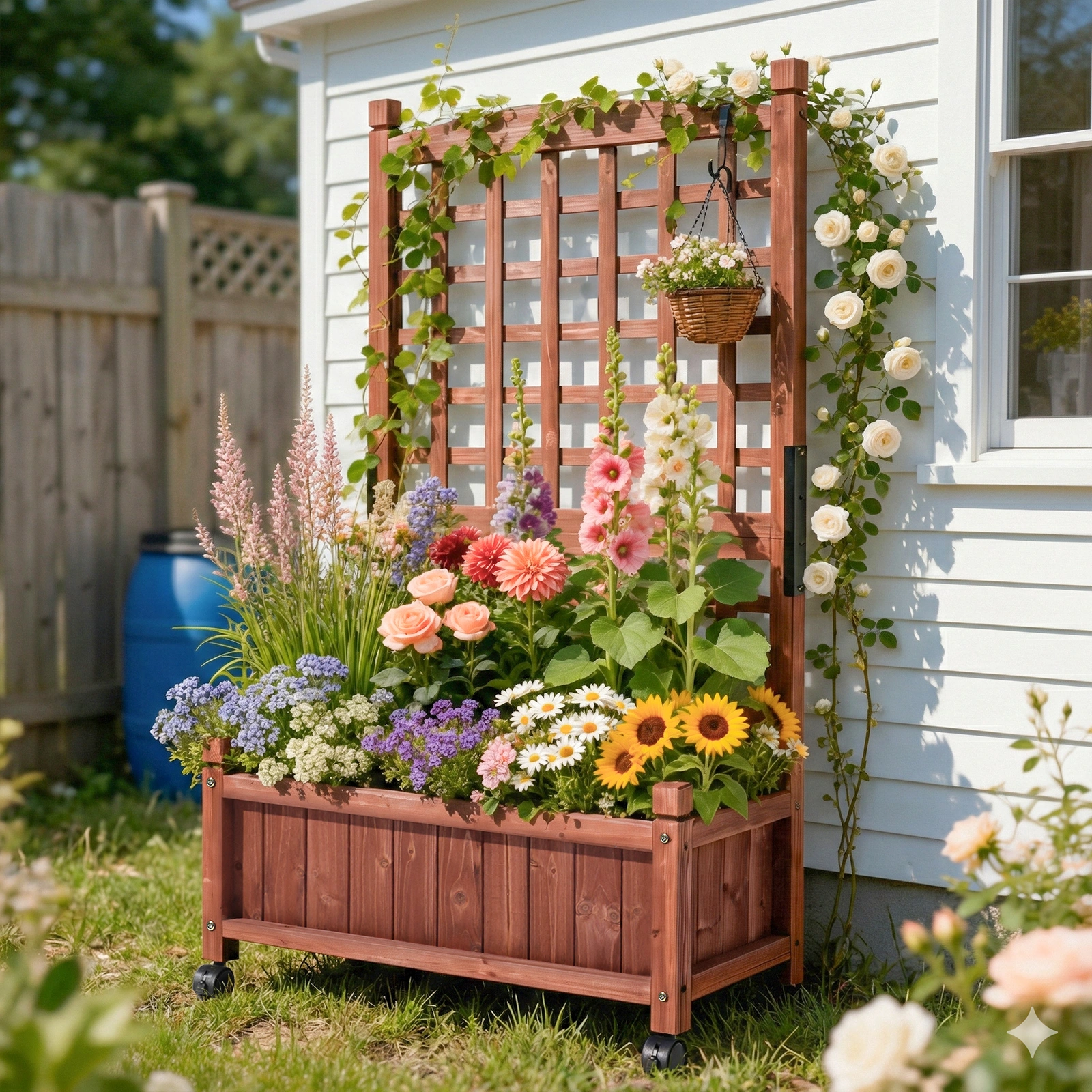 Wooden Planter with Trellis, 50" Tall Elevated Garden Bed Outdoor with Wheels, Freestanding Planter Box with Drainage Holes for Flower, Vegetable, Fruit, Herb in Garden, Patio, Balcony view 6