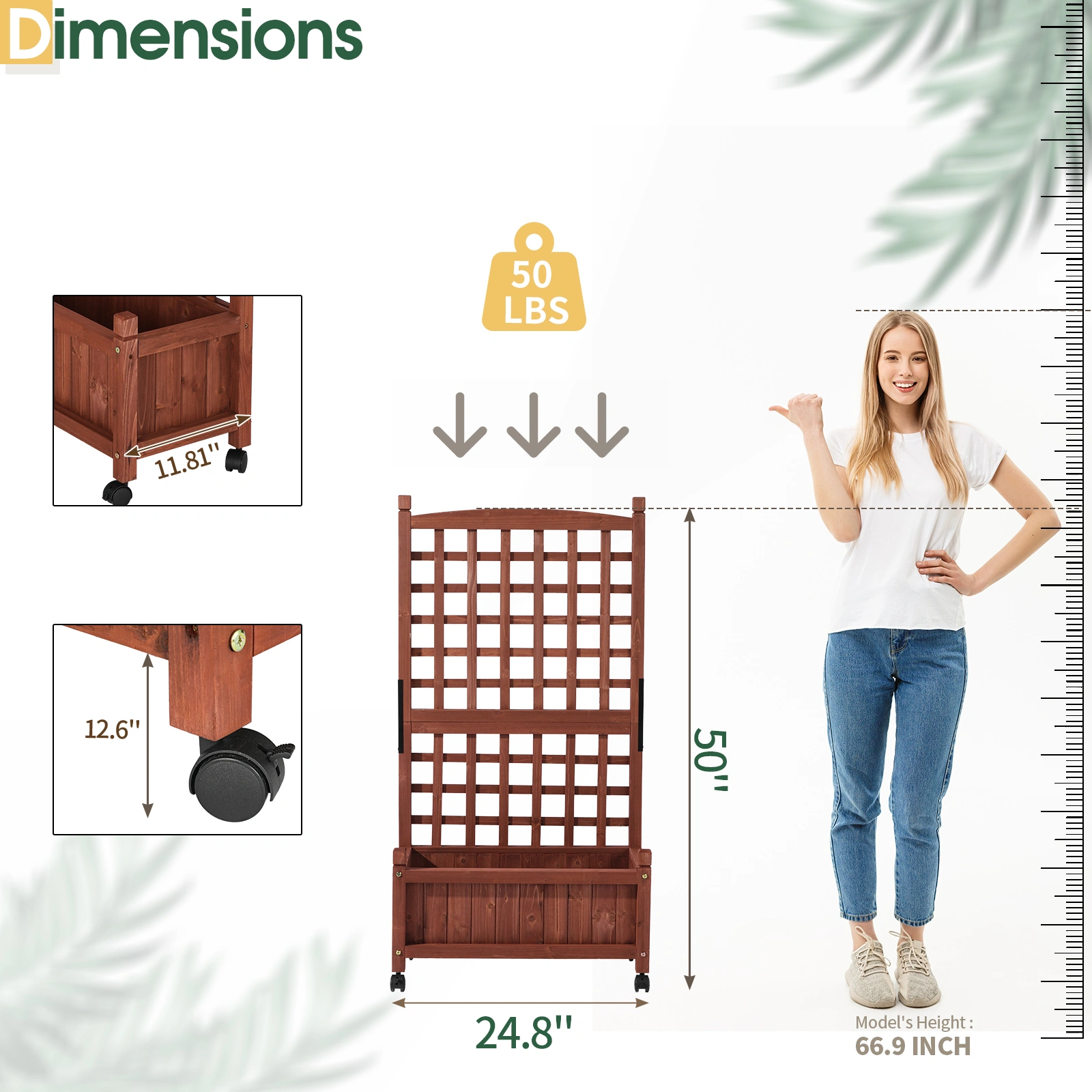 Wooden Planter with Trellis, 50" Tall Elevated Garden Bed Outdoor with Wheels, Freestanding Planter Box with Drainage Holes for Flower, Vegetable, Fruit, Herb in Garden, Patio, Balcony view 9