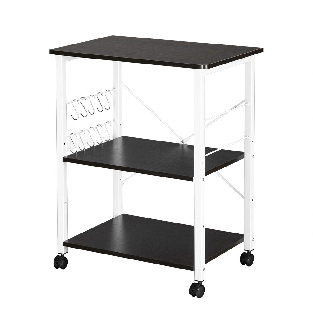 Baker's Rack 3-Tier Kitchen Utility Microwave Oven Stand Storage Cart Workstation ShelfDark Brown Top White Metal Frame