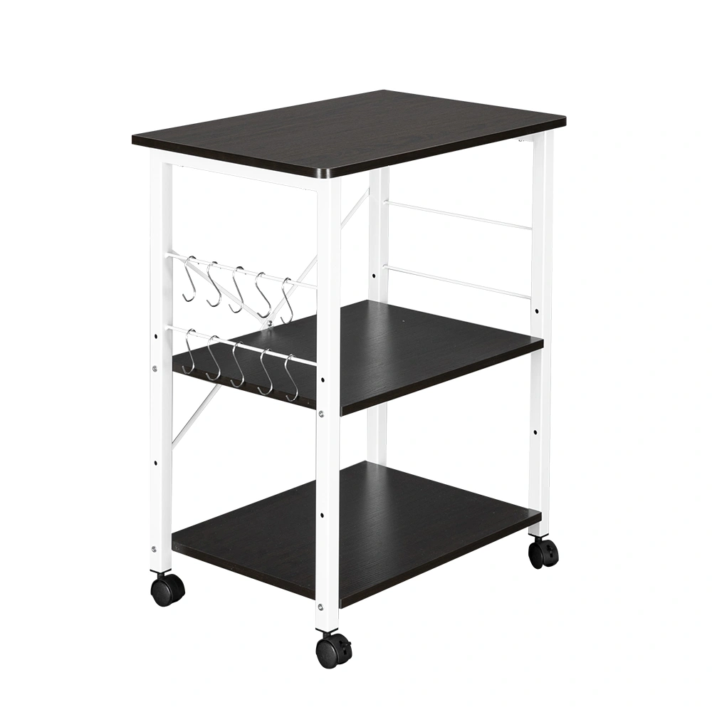 Baker's Rack 3-Tier Kitchen Utility Microwave Oven Stand Storage Cart Workstation ShelfDark Brown Top White Metal Frame view 2