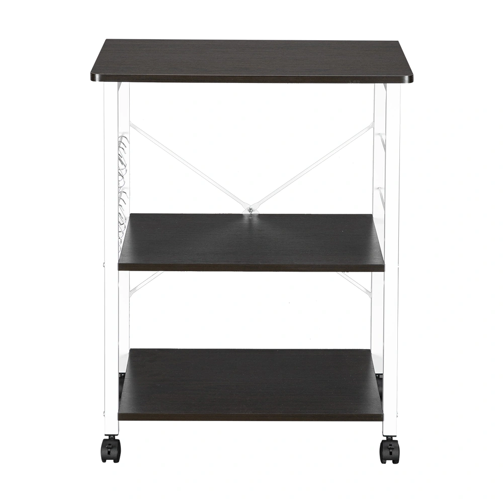 Baker's Rack 3-Tier Kitchen Utility Microwave Oven Stand Storage Cart Workstation ShelfDark Brown Top White Metal Frame view 3
