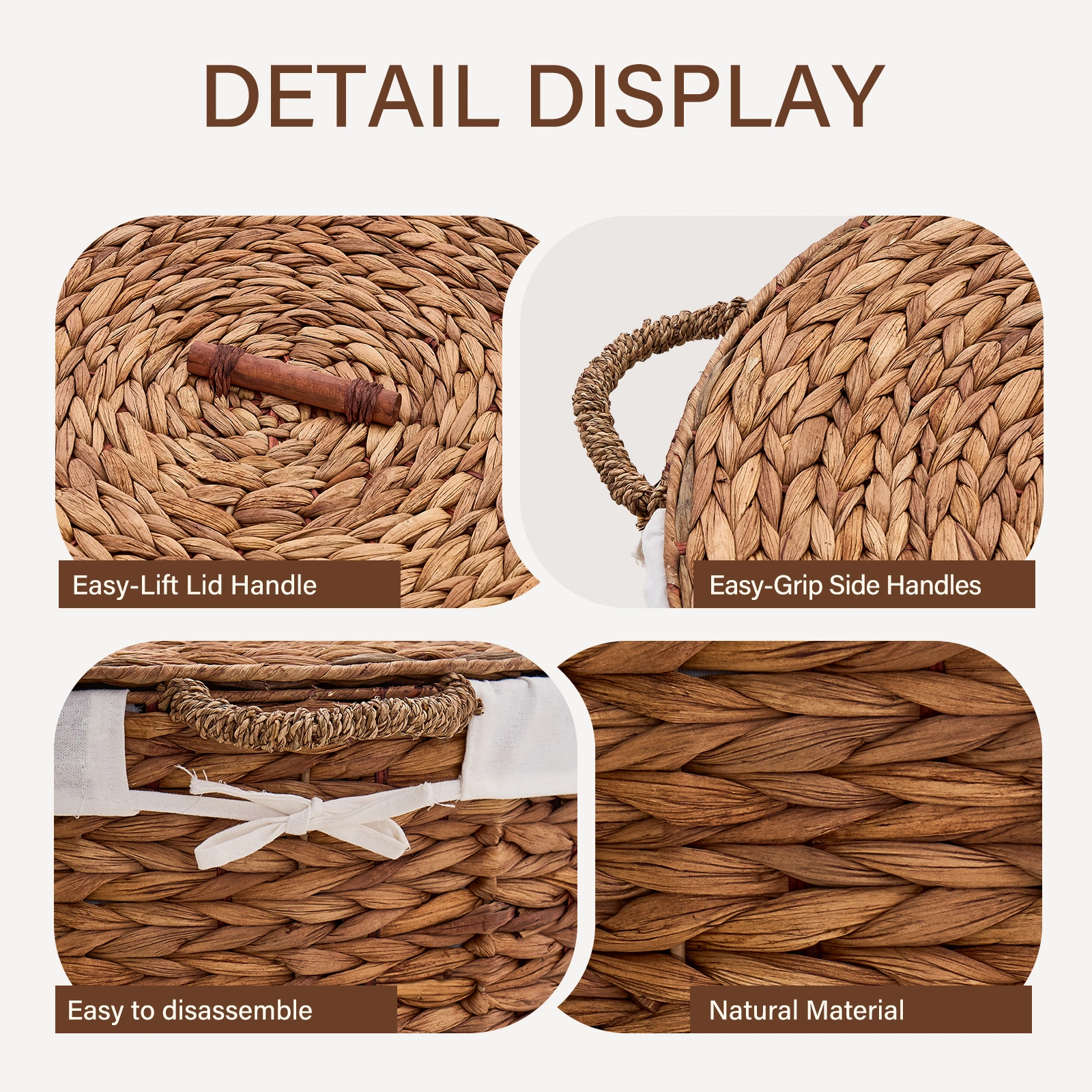 145L Round Laundry Hamper with Lid, Woven Natural Water Hyacinth Laundry Hamper view 3