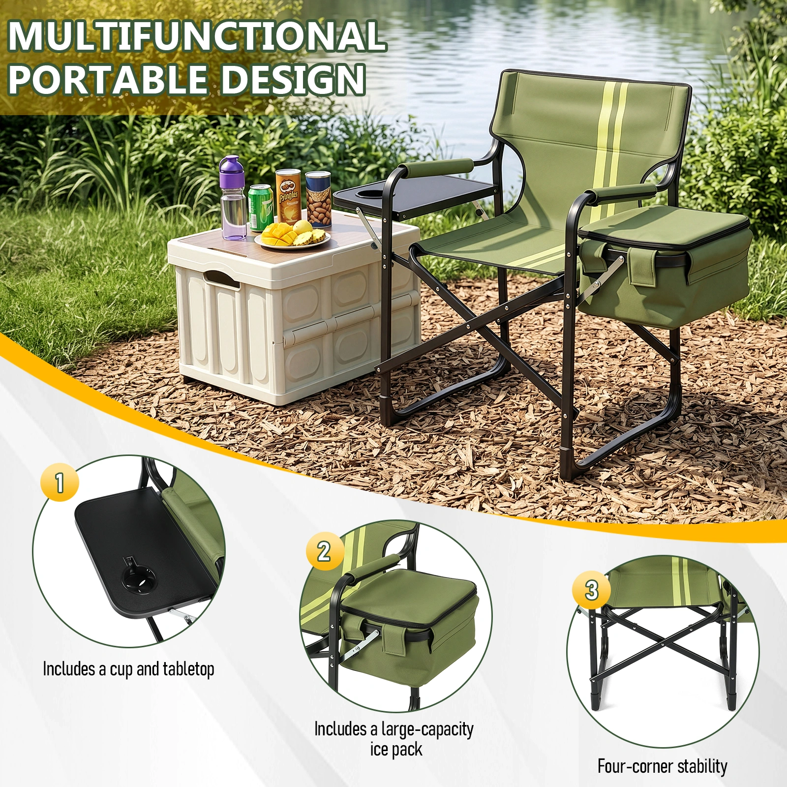 46.46" x 20.87" x 33.46" Folding Camping Chair with Side Table & Insulated Cooler Bag, Spray-Coated Aluminum Frame, Army Green with Double Light Yellow Vertical Stripes, 265 lbs Capacity Foldable Outdoor Chair for Camping Beach Fishing Picnic view 11
