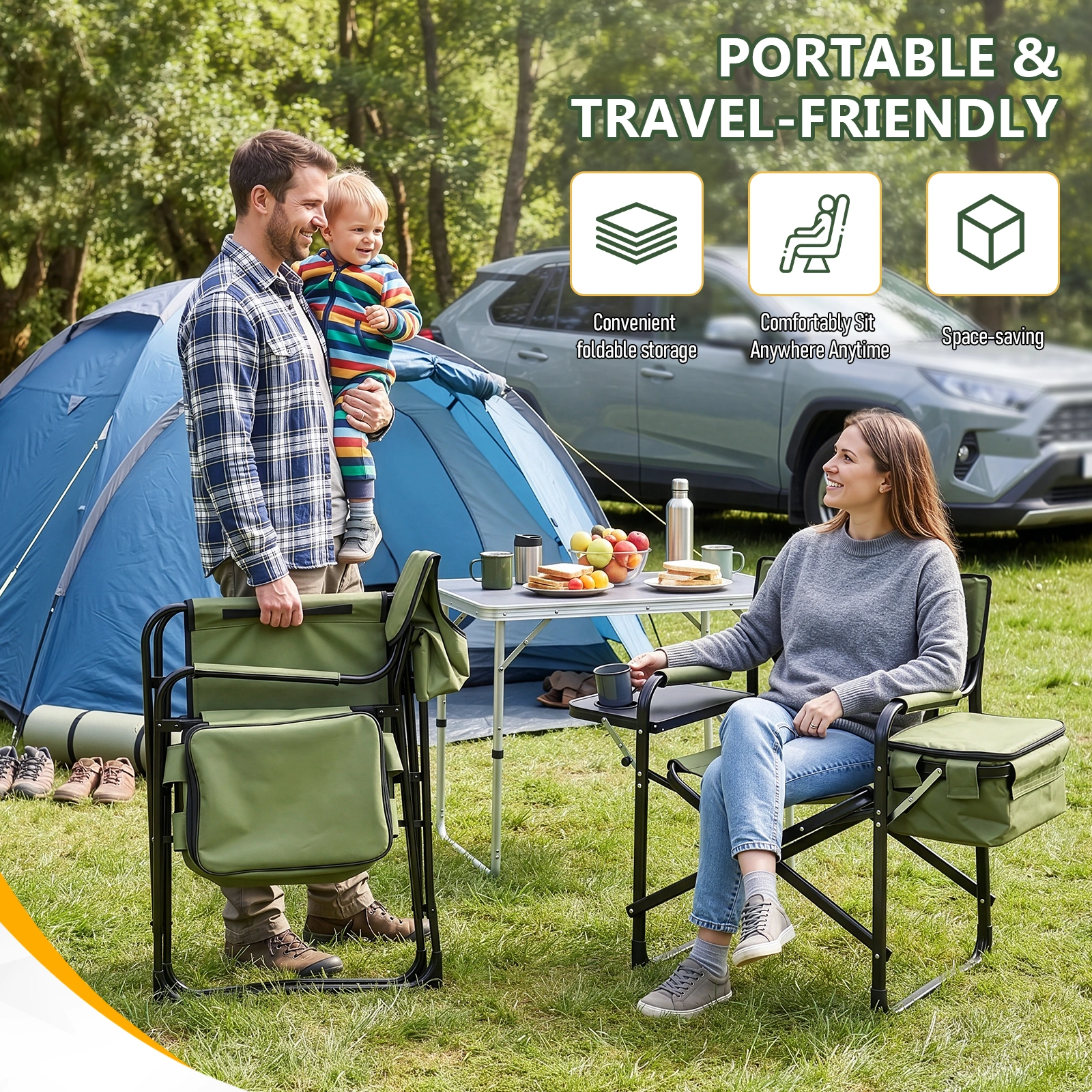 46.46" x 20.87" x 33.46" Folding Camping Chair with Side Table & Insulated Cooler Bag, Spray-Coated Aluminum Frame, Army Green with Double Light Yellow Vertical Stripes, 265 lbs Capacity Foldable Outdoor Chair for Camping Beach Fishing Picnic view 12