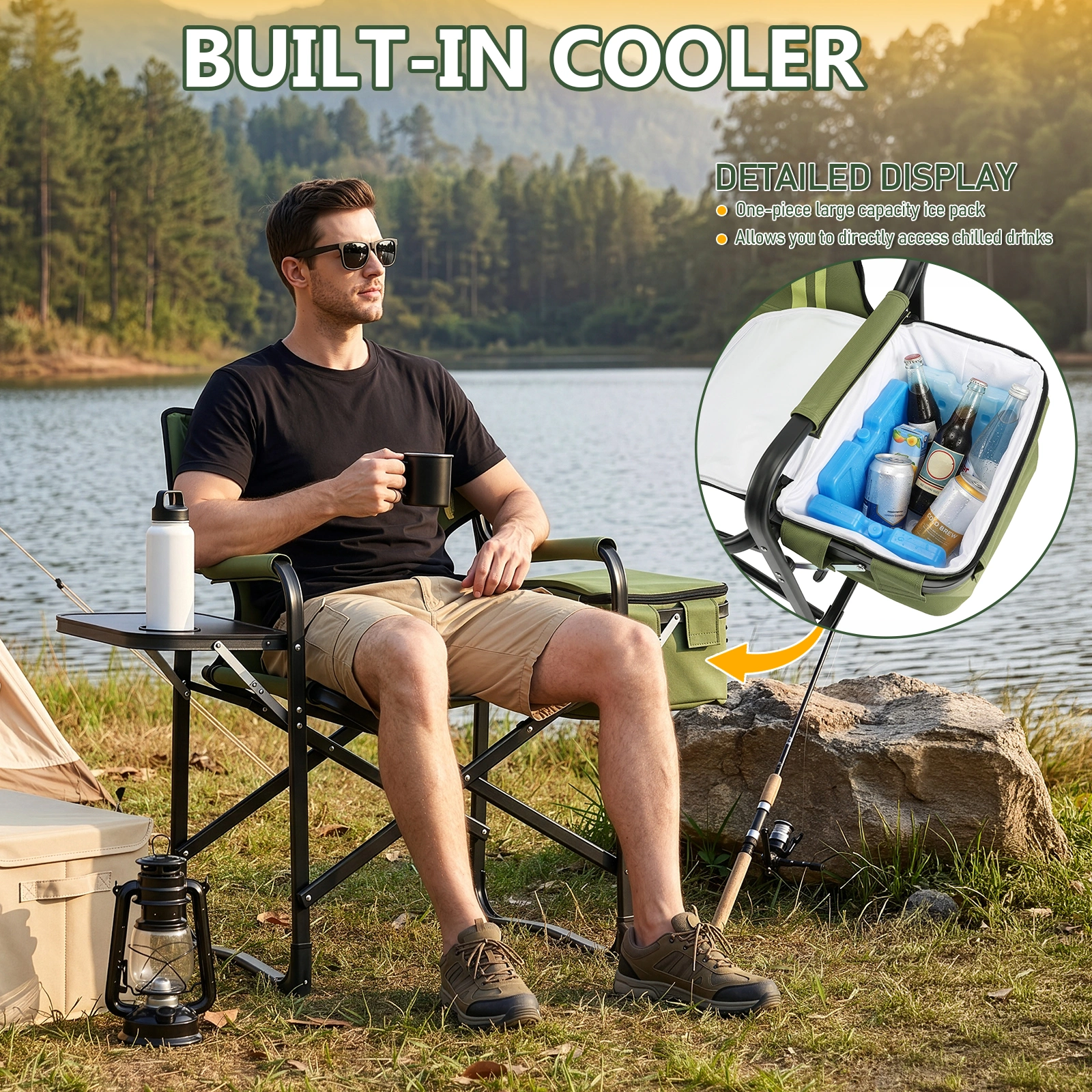 46.46" x 20.87" x 33.46" Folding Camping Chair with Side Table & Insulated Cooler Bag, Spray-Coated Aluminum Frame, Army Green with Double Light Yellow Vertical Stripes, 265 lbs Capacity Foldable Outdoor Chair for Camping Beach Fishing Picnic view 13