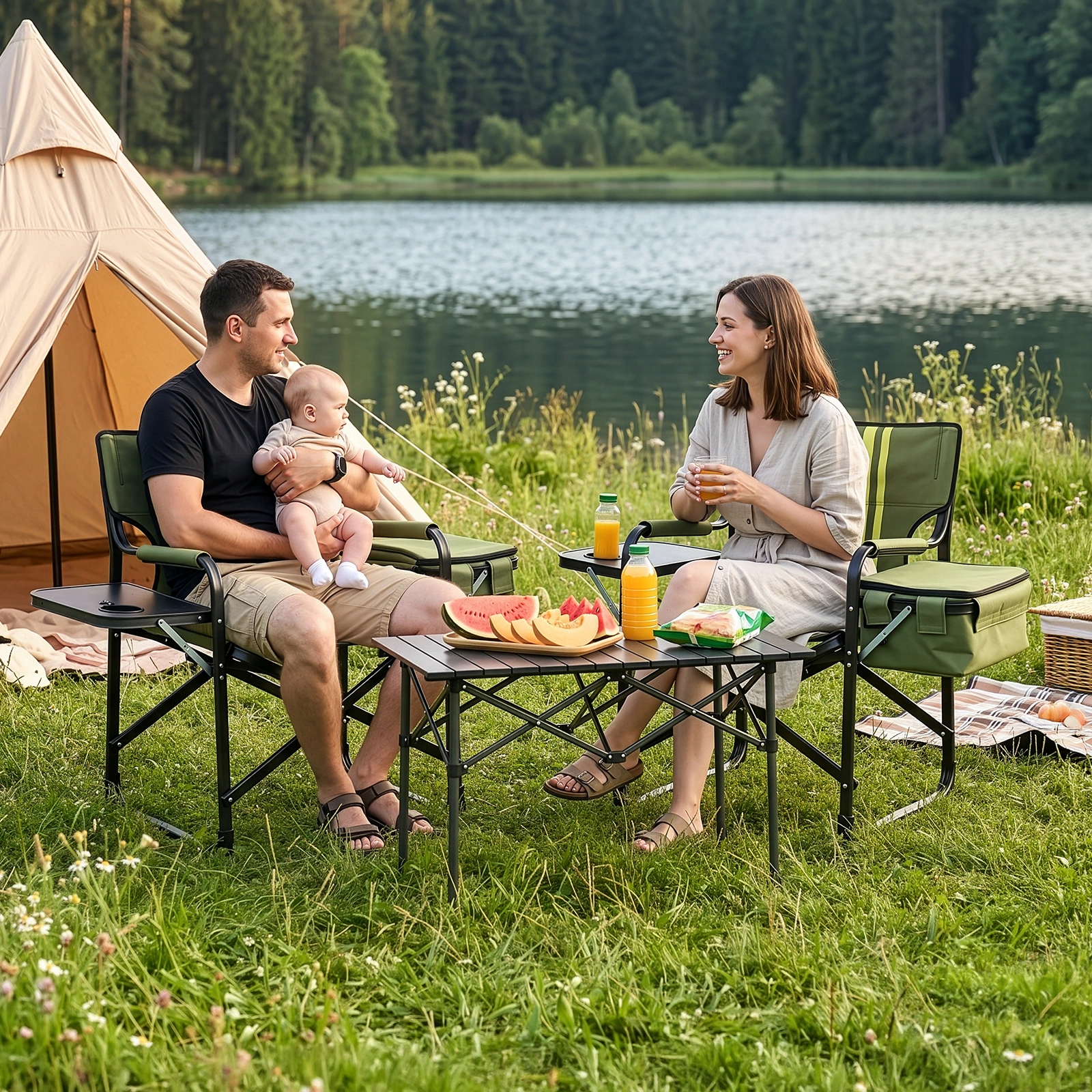 46.46" x 20.87" x 33.46" Folding Camping Chair with Side Table & Insulated Cooler Bag, Spray-Coated Aluminum Frame, Army Green with Double Light Yellow Vertical Stripes, 265 lbs Capacity Foldable Outdoor Chair for Camping Beach Fishing Picnic view 15