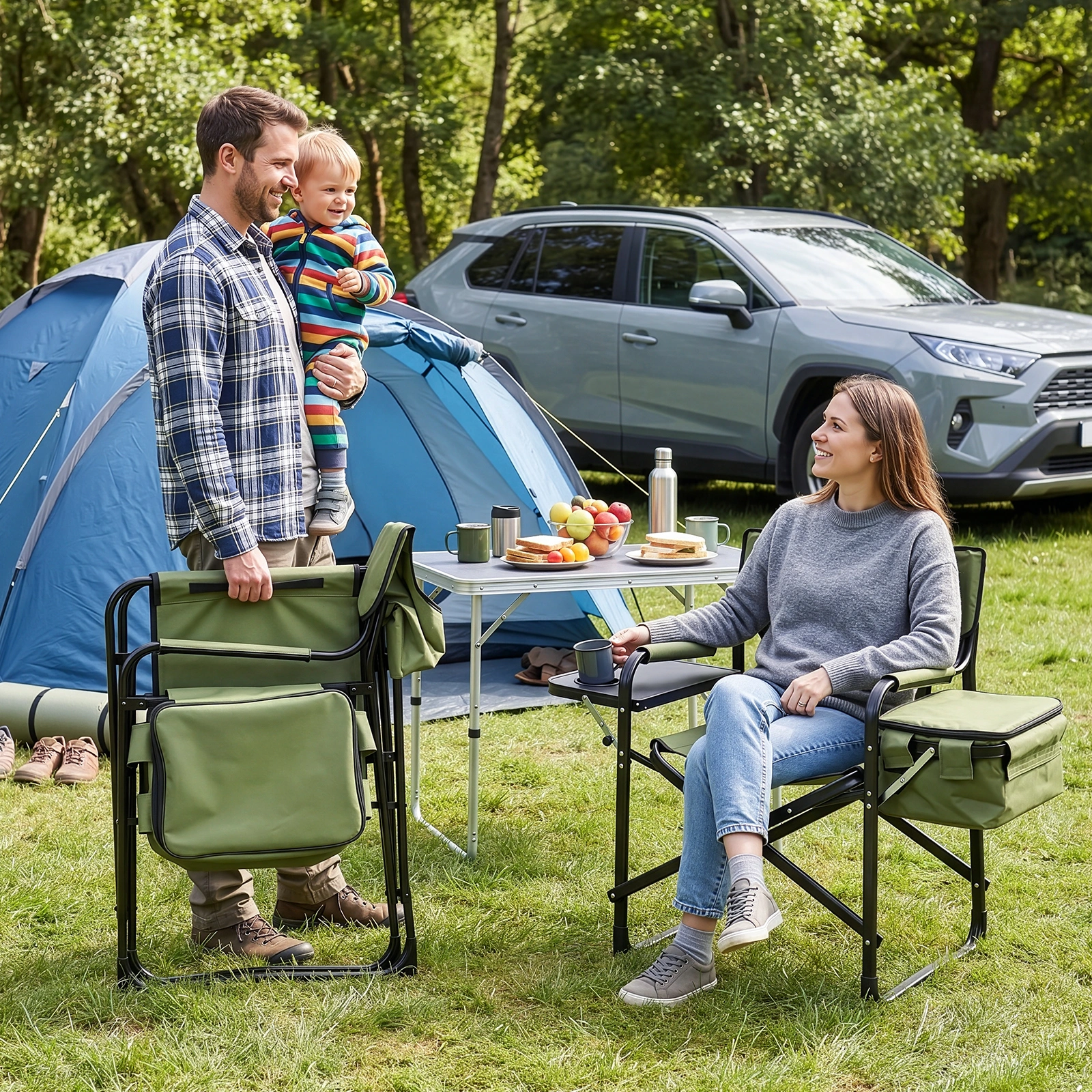 46.46" x 20.87" x 33.46" Folding Camping Chair with Side Table & Insulated Cooler Bag, Spray-Coated Aluminum Frame, Army Green with Double Light Yellow Vertical Stripes, 265 lbs Capacity Foldable Outdoor Chair for Camping Beach Fishing Picnic view 16