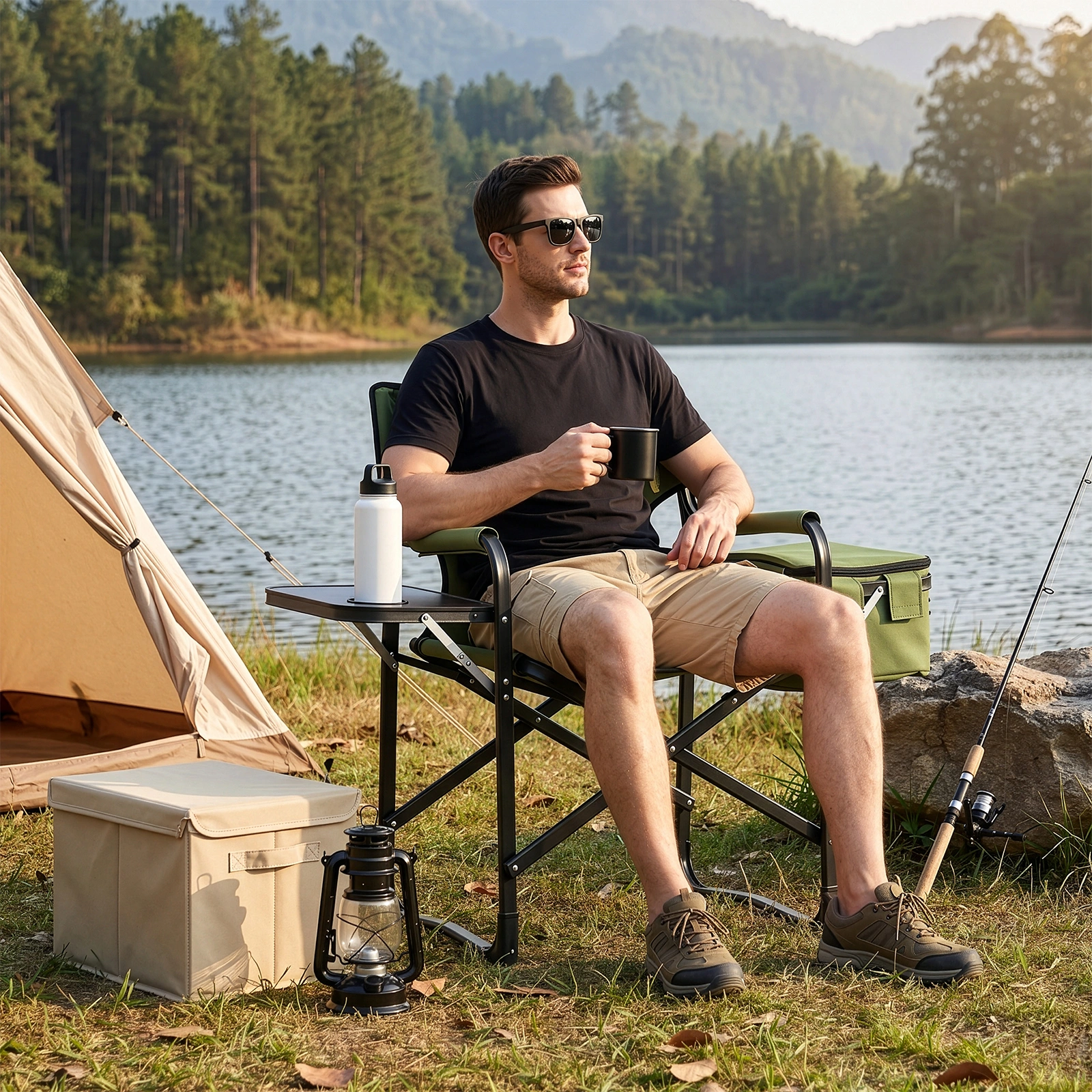 46.46" x 20.87" x 33.46" Folding Camping Chair with Side Table & Insulated Cooler Bag, Spray-Coated Aluminum Frame, Army Green with Double Light Yellow Vertical Stripes, 265 lbs Capacity Foldable Outdoor Chair for Camping Beach Fishing Picnic view 17