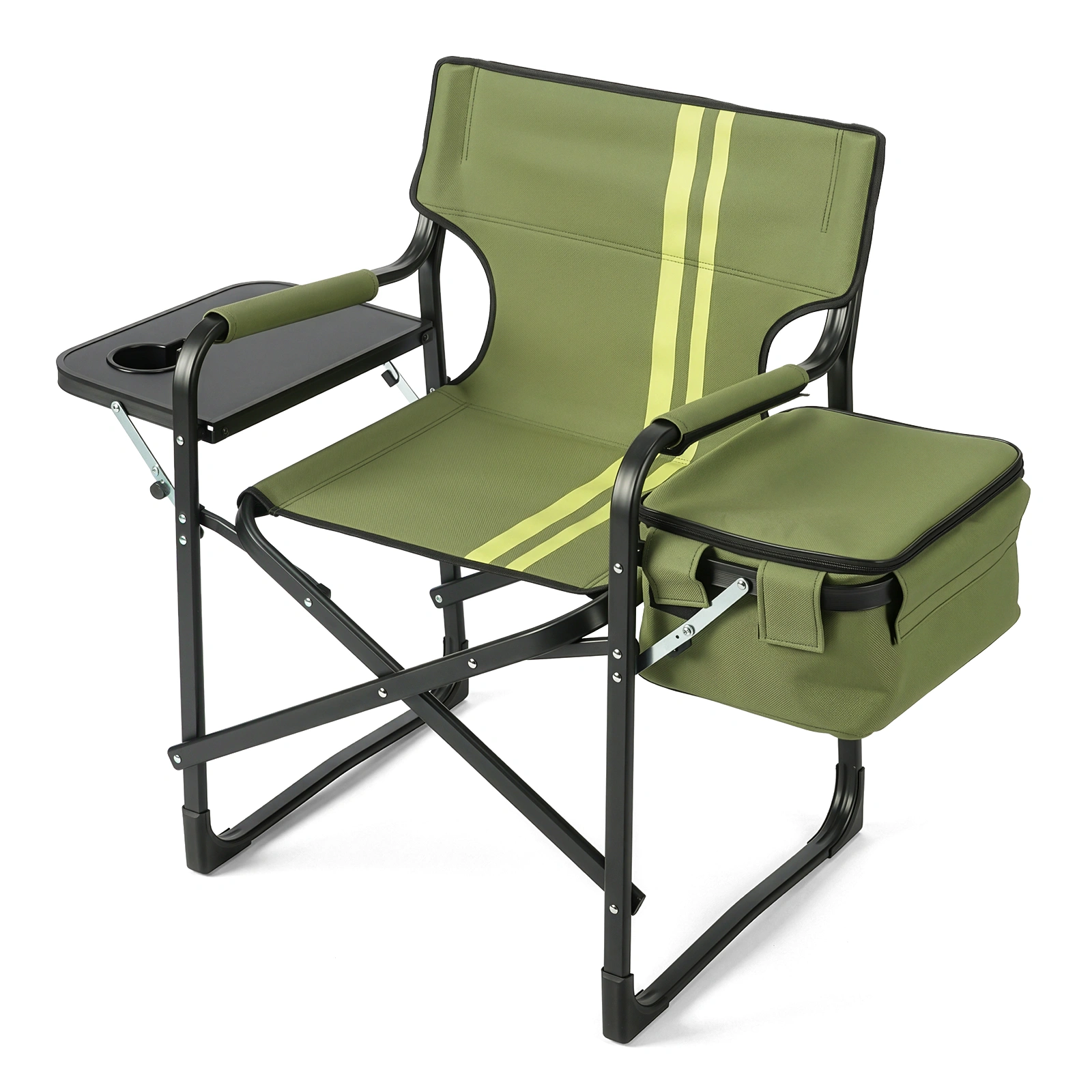 46.46" x 20.87" x 33.46" Folding Camping Chair with Side Table & Insulated Cooler Bag, Spray-Coated Aluminum Frame, Army Green with Double Light Yellow Vertical Stripes, 265 lbs Capacity Foldable Outdoor Chair for Camping Beach Fishing Picnic view 2