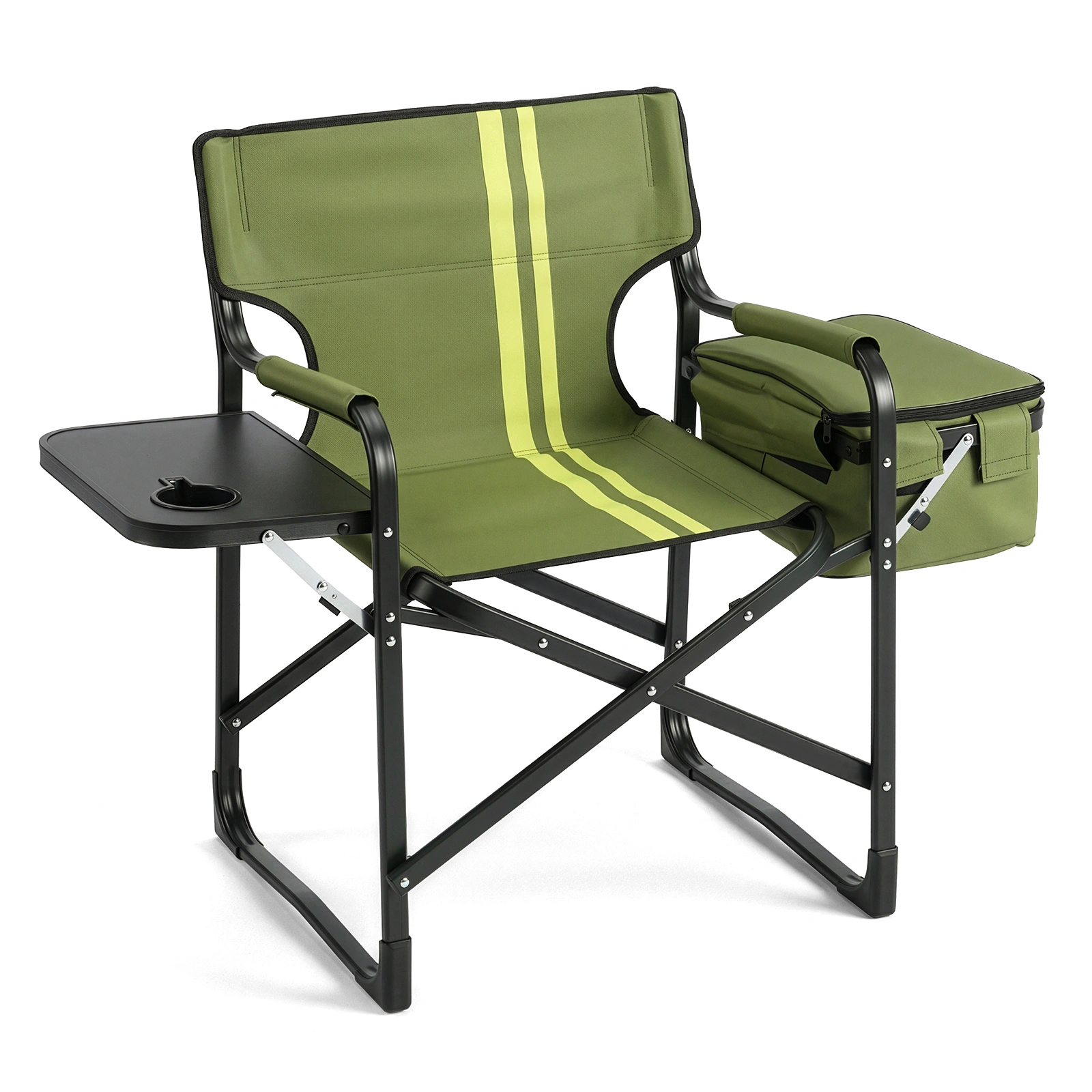 46.46" x 20.87" x 33.46" Folding Camping Chair with Side Table & Insulated Cooler Bag, Spray-Coated Aluminum Frame, Army Green with Double Light Yellow Vertical Stripes, 265 lbs Capacity Foldable Outdoor Chair for Camping Beach Fishing Picnic view 3