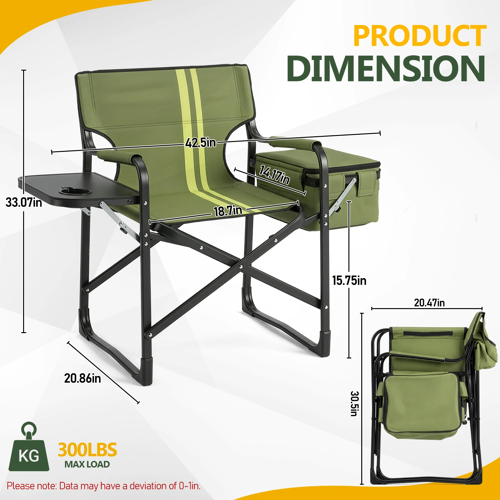 46.46" x 20.87" x 33.46" Folding Camping Chair with Side Table & Insulated Cooler Bag, Spray-Coated Aluminum Frame, Army Green with Double Light Yellow Vertical Stripes, 265 lbs Capacity Foldable Outdoor Chair for Camping Beach Fishing Picnic view 7