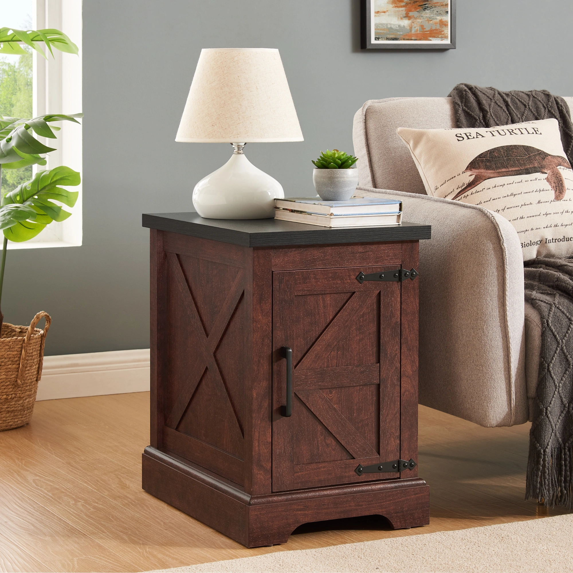 Farmhouse End Table with Barn Door, Rectangular Nightstand Adjustable Shelf, Rustic Oak Side