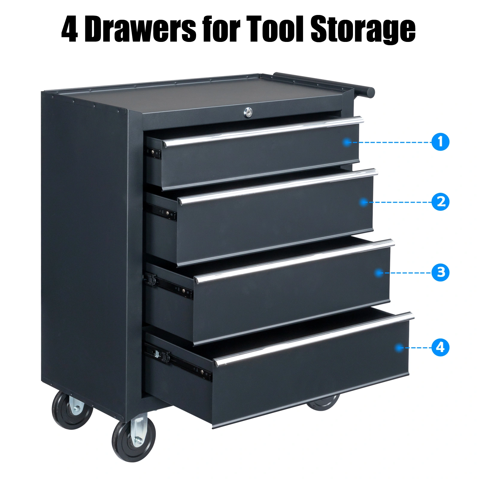 Single-bottom cabinet 4-draw, steel, black 330lb instrument cart, storage room view 12