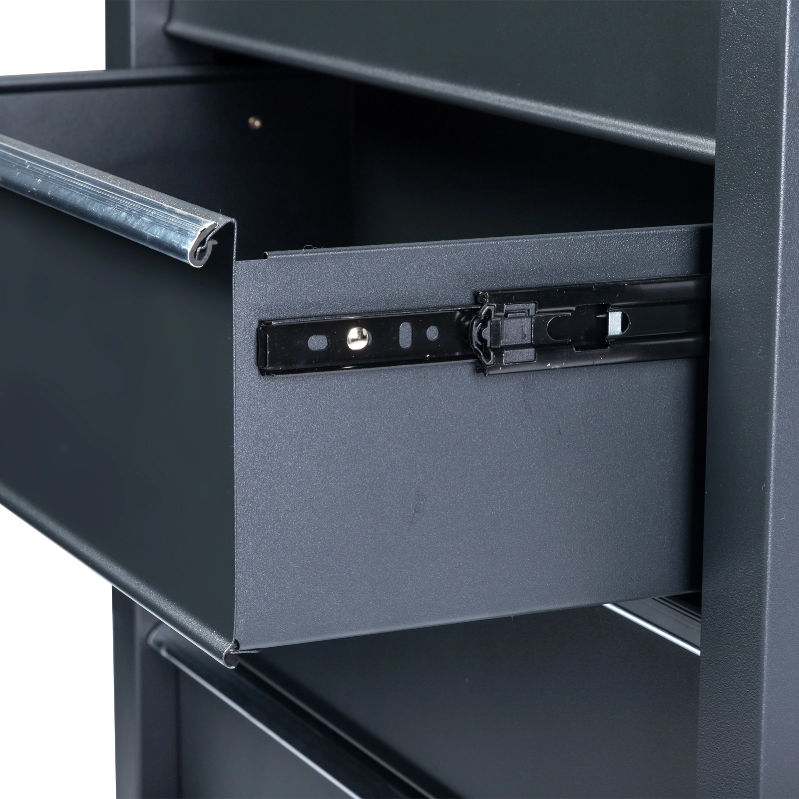 Single-bottom cabinet 4-draw, steel, black 330lb instrument cart, storage room view 22