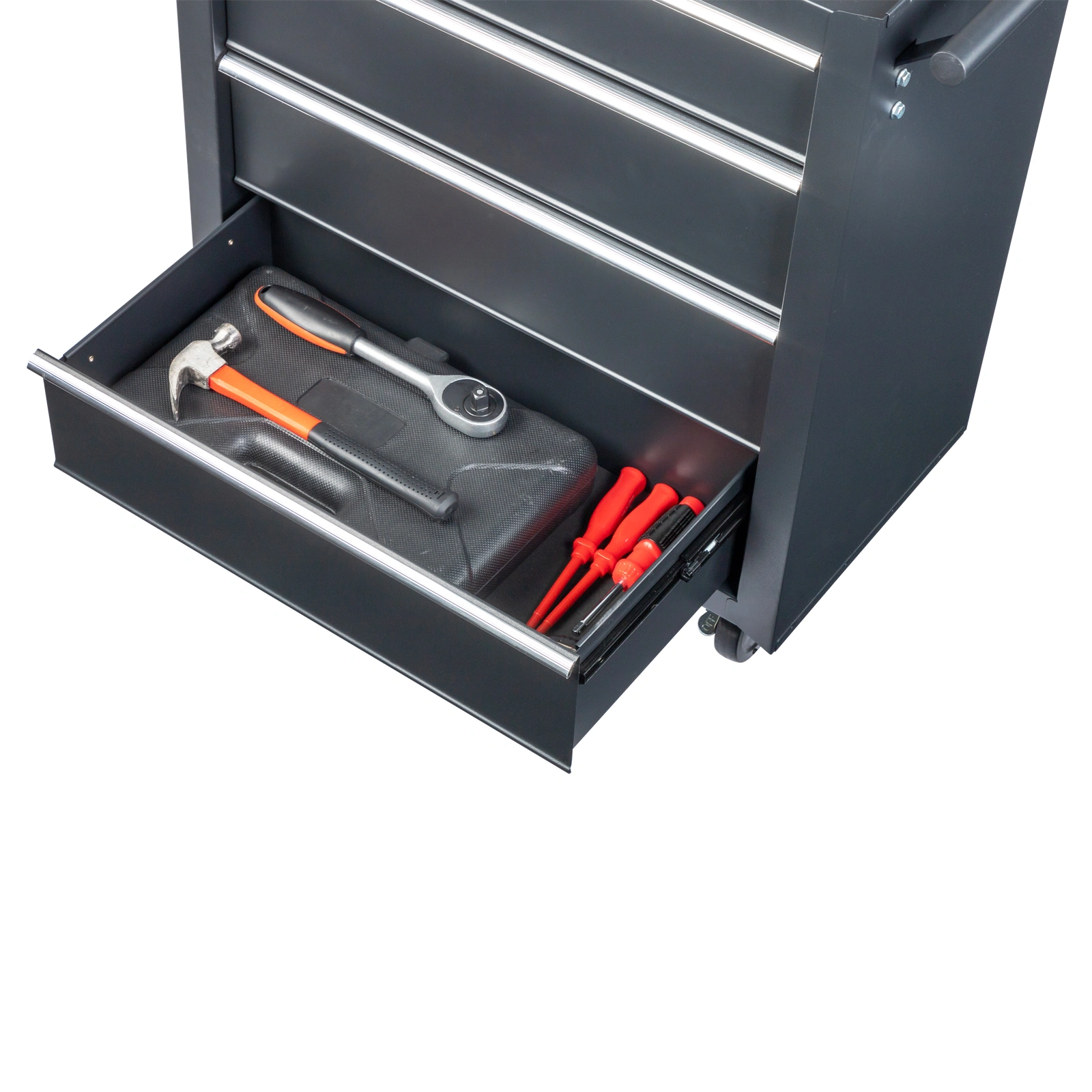 Single-bottom cabinet 4-draw, steel, black 330lb instrument cart, storage room view 29