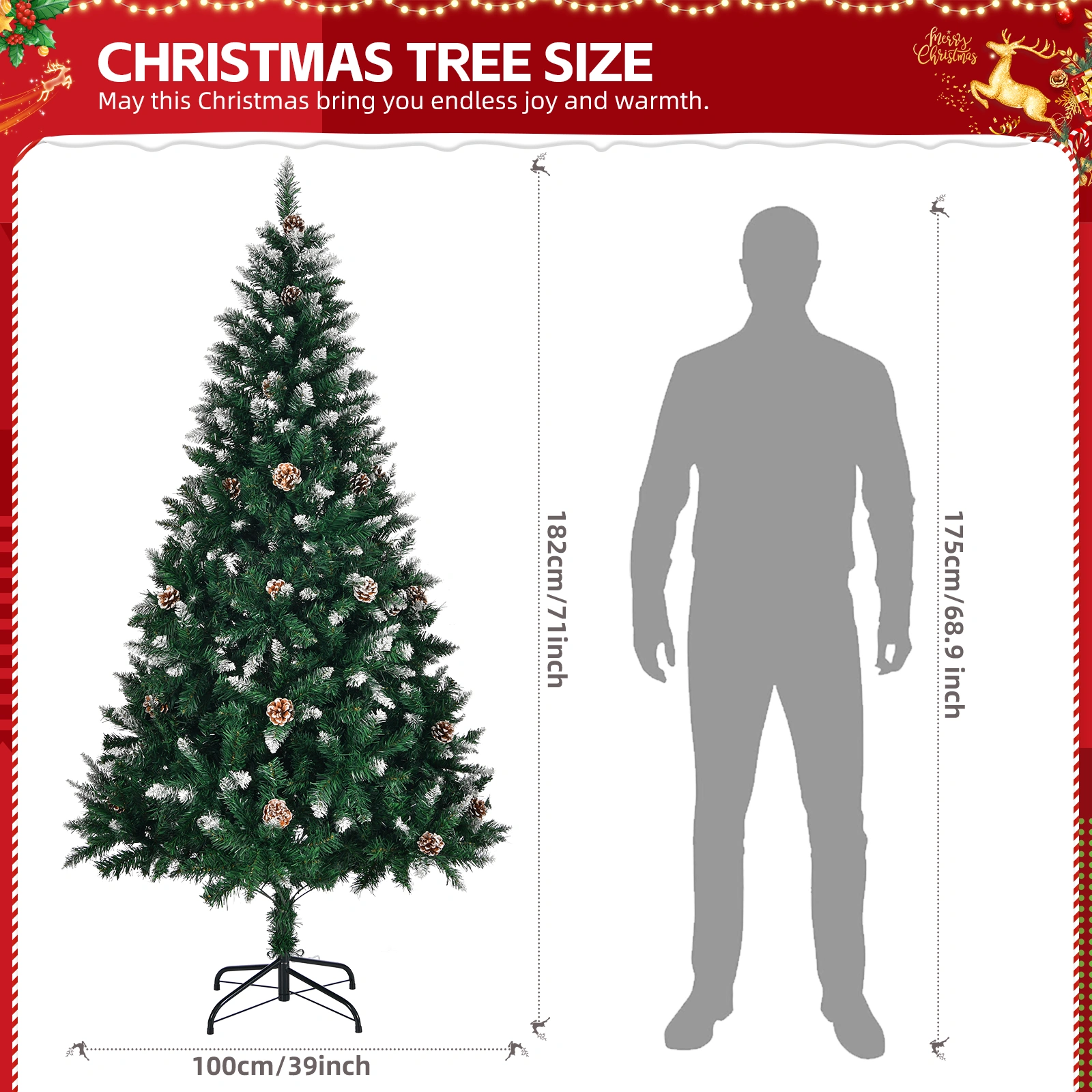6 FT Artificial Snow Tipped Christmas Tree with Pine Cones 800 Branch Tips Unlit Pre-Lit Xmas Tree Sturdy Metal Stand for Home Office Party Holiday Decoration Green view 2