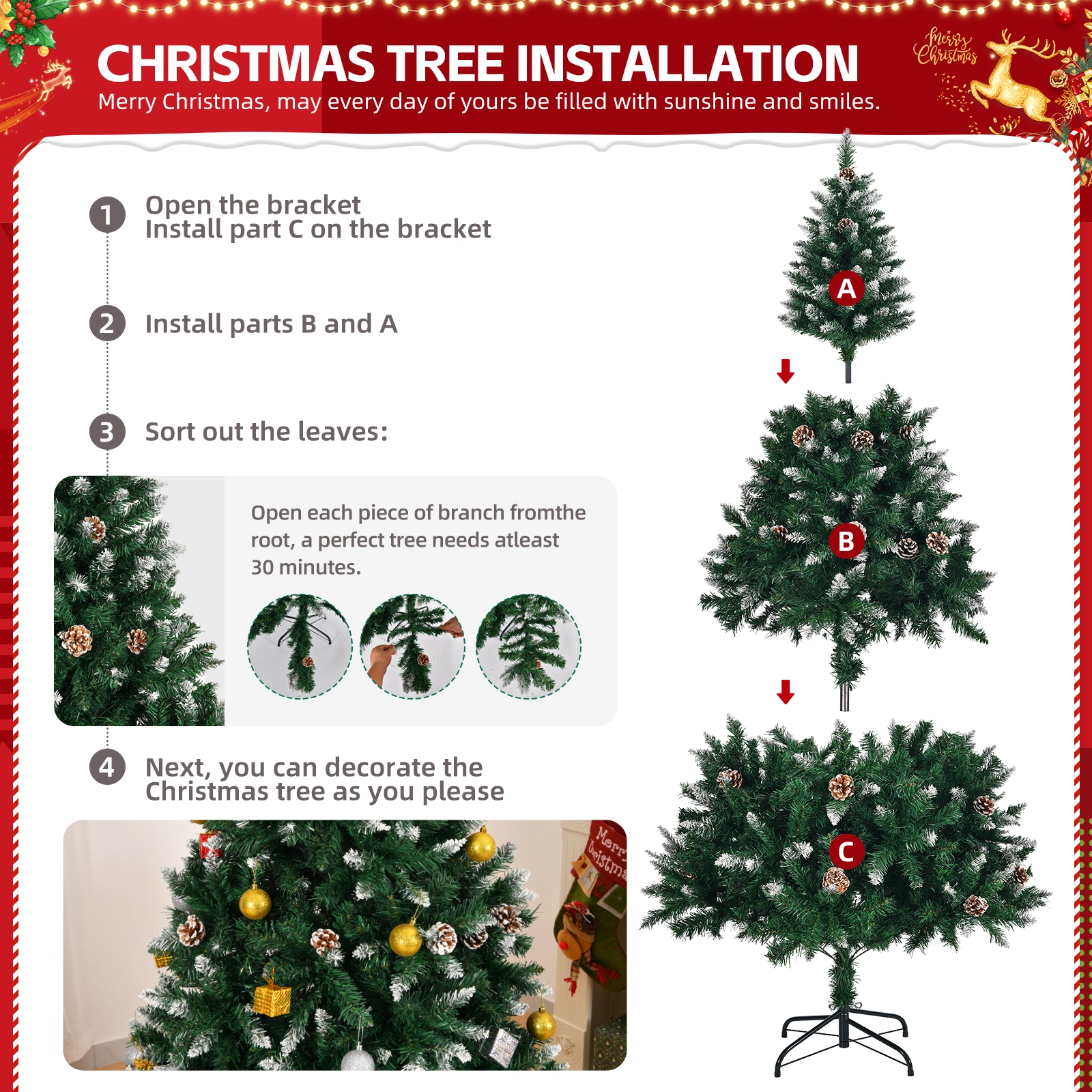 6 FT Artificial Snow Tipped Christmas Tree with Pine Cones 800 Branch Tips Unlit Pre-Lit Xmas Tree Sturdy Metal Stand for Home Office Party Holiday Decoration Green view 3