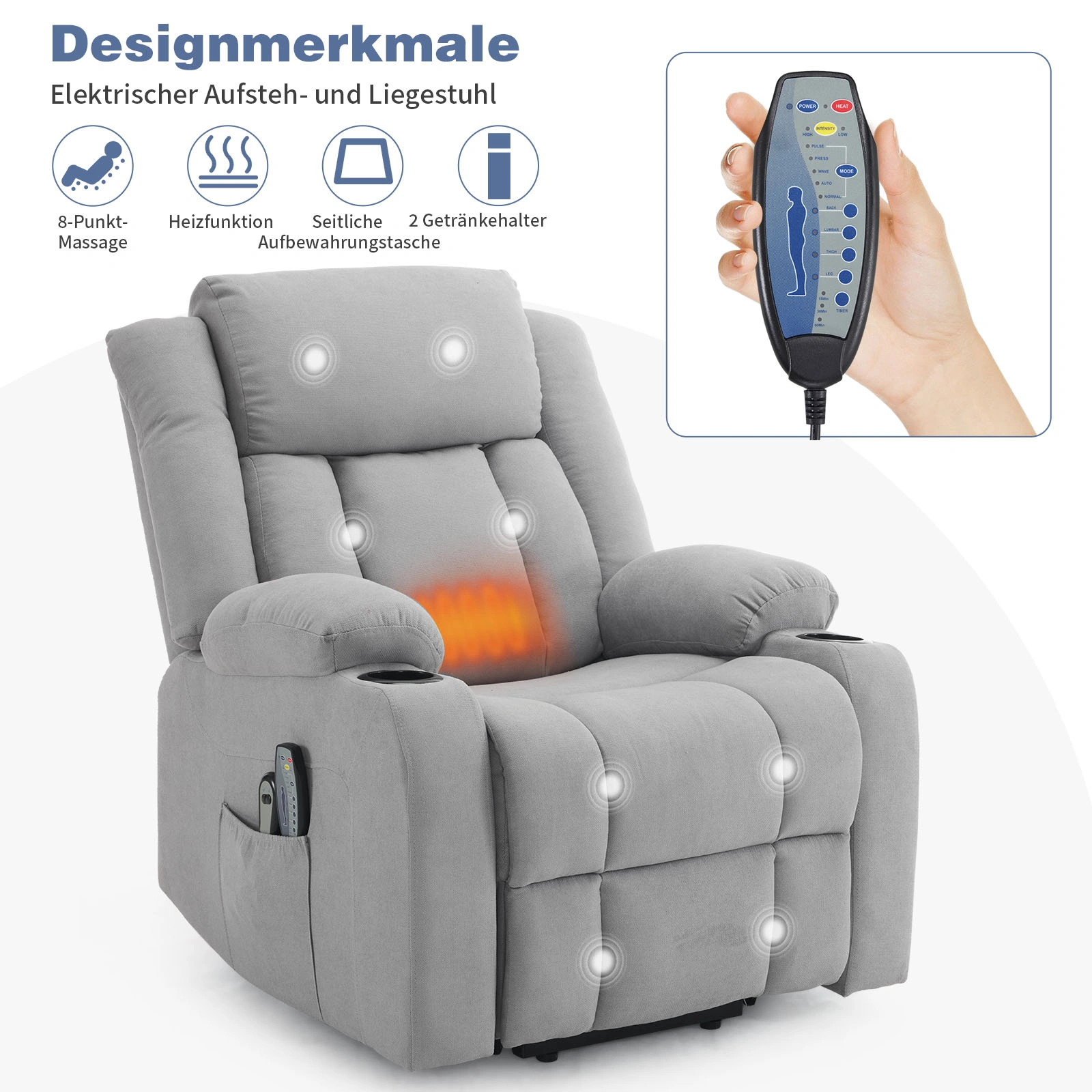 1pc Gray Fabric Electric Recliner Chair 8-Point Massage Heating 120kg Functional Elderly Chair view 2
