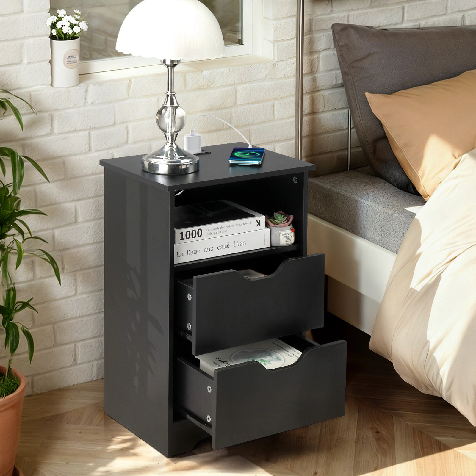 Black Bedside Table, 40x30x60cm, P2 Particleboard Melamine Linen Texture, Handleless, 2 Drawers with Upper Compartment, EU Power Outlet, 1PC