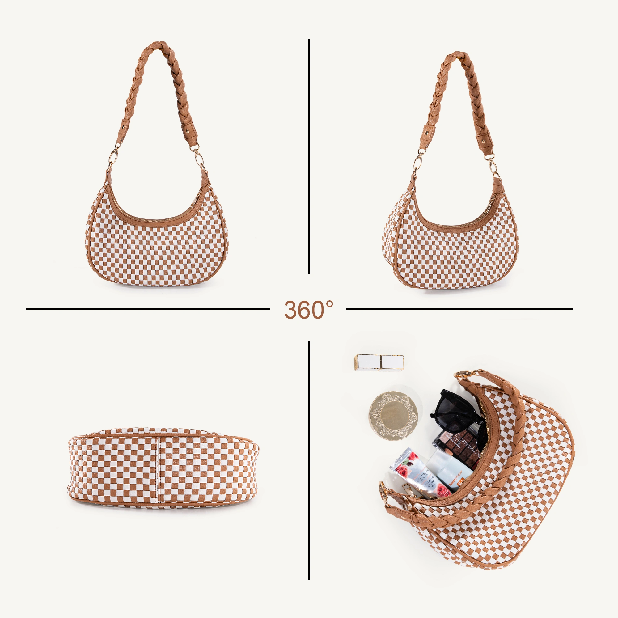 Women Woven Hobo Handbag for Women Fashion Vegan Leather Tote Bag for Women-Brown view 2