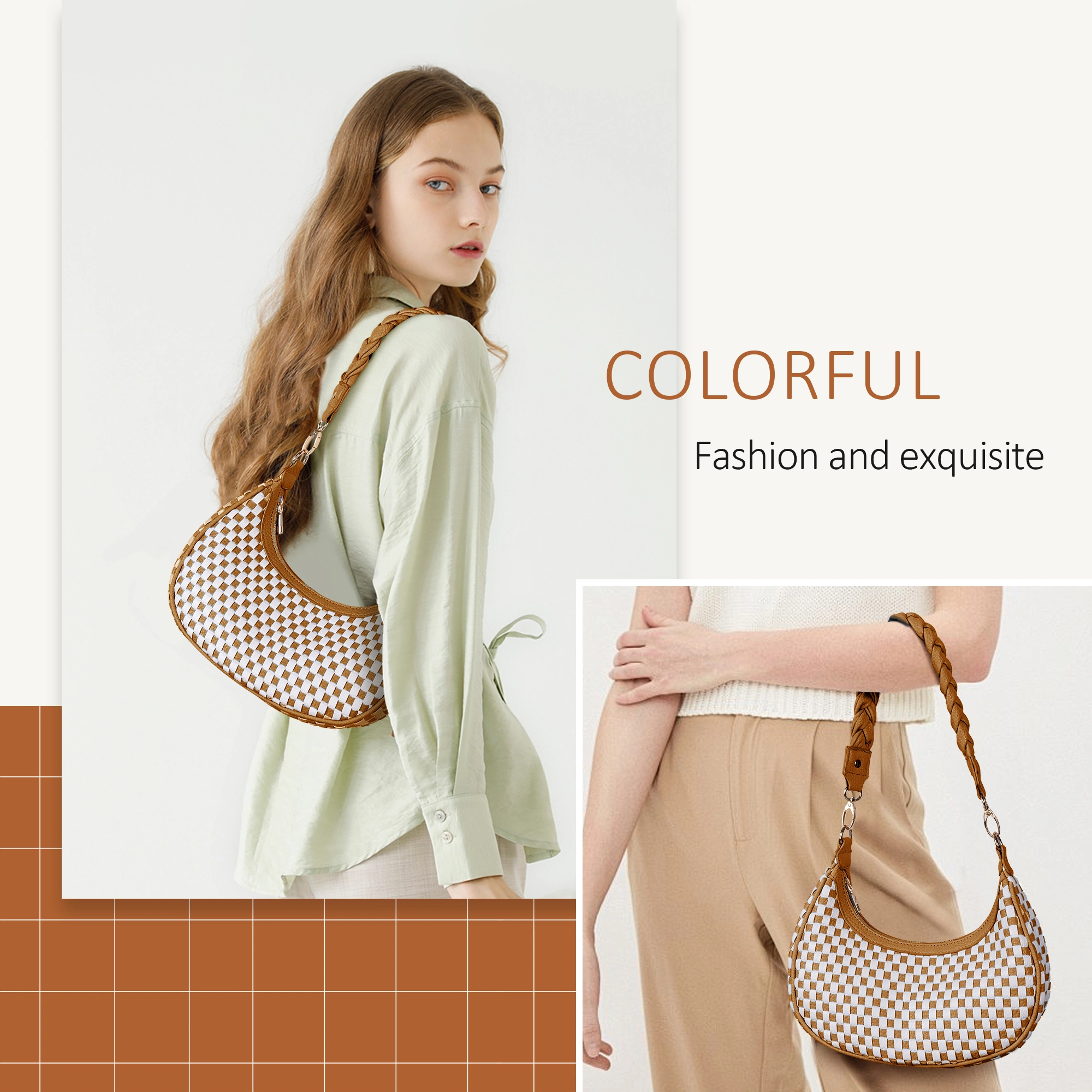 Women Woven Hobo Handbag for Women Fashion Vegan Leather Tote Bag for Women-Brown view 6