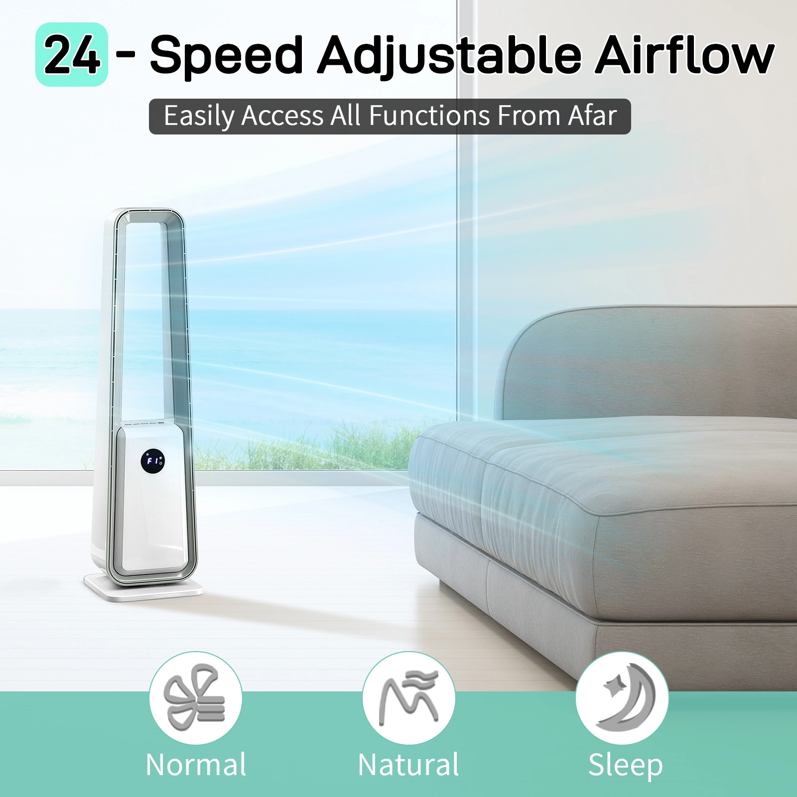 US Standard HTY2204 bladeless fan 110V 36W 35-inch bladeless fan with LED electronic display, black-edged remote control, plastic, aluminum motor, white, 3-speed wind, 12-hour timer, 3 modes, left-right oscillation, trapezoid view 13