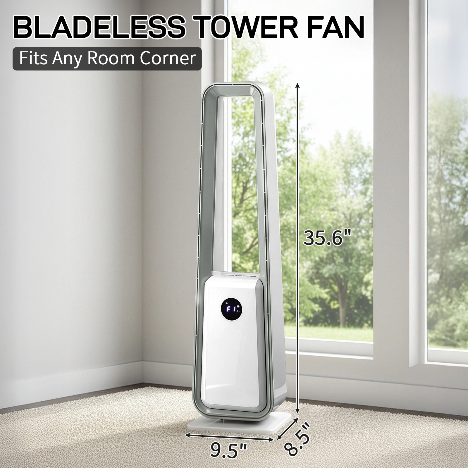 US Standard HTY2204 bladeless fan 110V 36W 35-inch bladeless fan with LED electronic display, black-edged remote control, plastic, aluminum motor, white, 3-speed wind, 12-hour timer, 3 modes, left-right oscillation, trapezoid view 19
