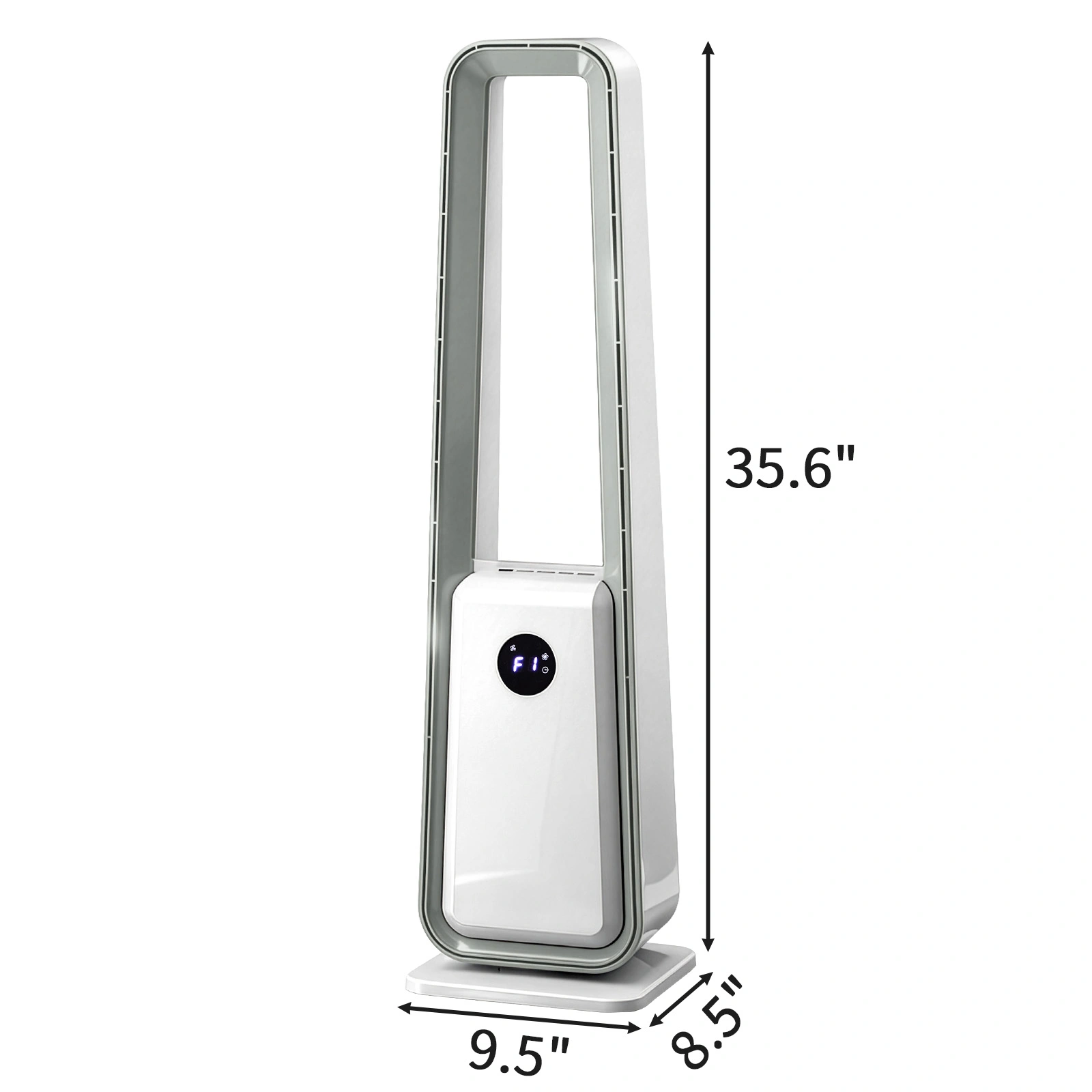 US Standard HTY2204 bladeless fan 110V 36W 35-inch bladeless fan with LED electronic display, black-edged remote control, plastic, aluminum motor, white, 3-speed wind, 12-hour timer, 3 modes, left-right oscillation, trapezoid view 2