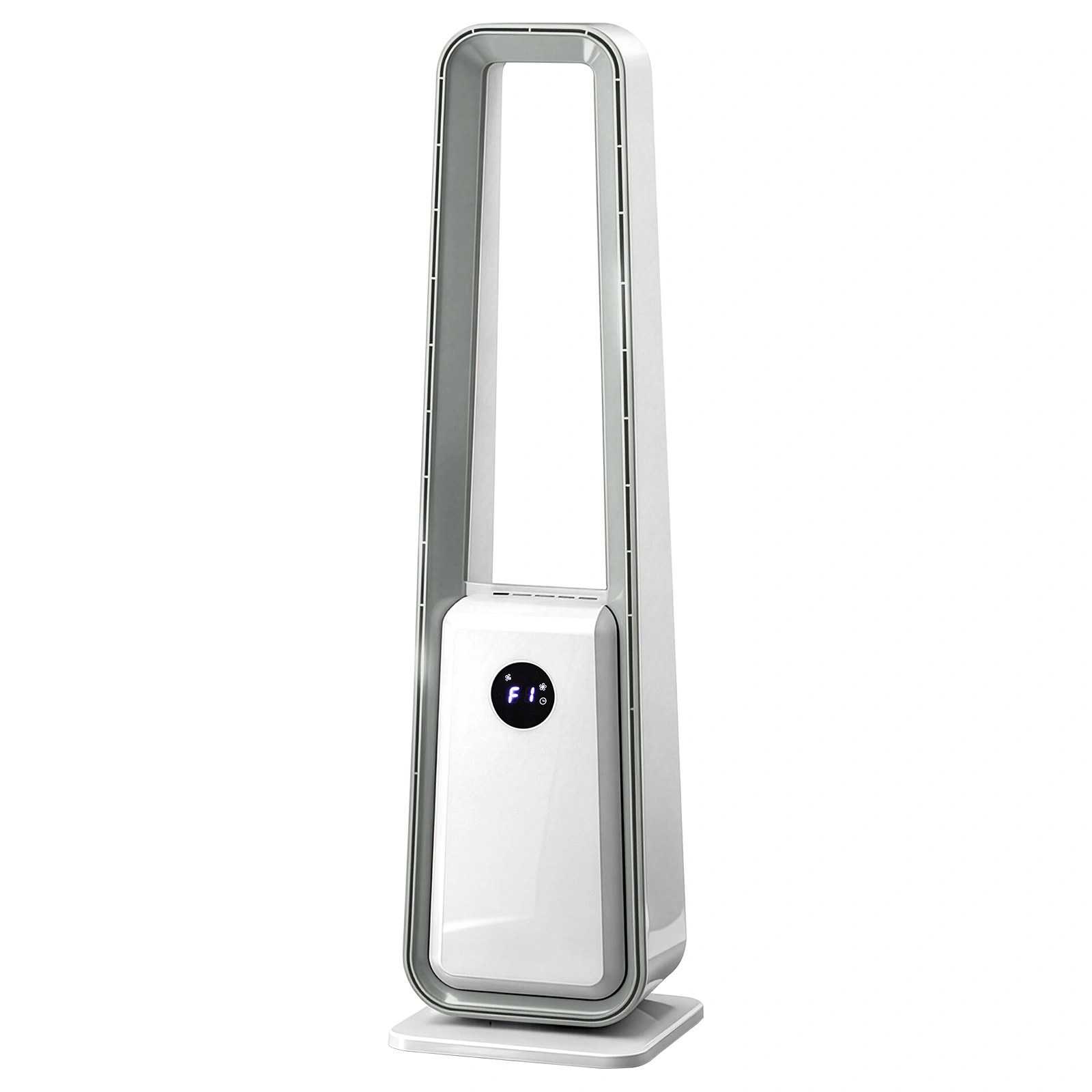US Standard HTY2204 bladeless fan 110V 36W 35-inch bladeless fan with LED electronic display, black-edged remote control, plastic, aluminum motor, white, 3-speed wind, 12-hour timer, 3 modes, left-right oscillation, trapezoid view 3