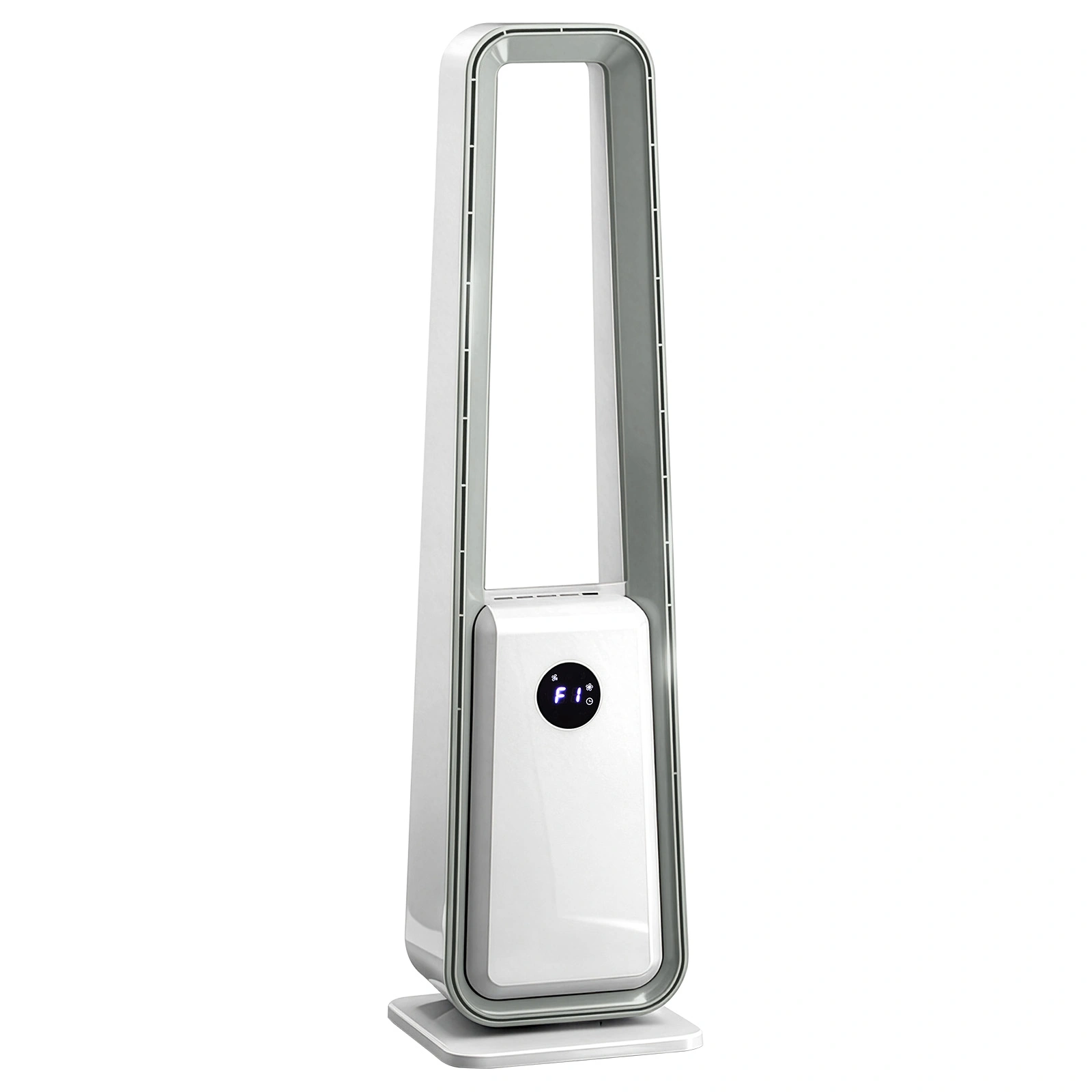 US Standard HTY2204 bladeless fan 110V 36W 35-inch bladeless fan with LED electronic display, black-edged remote control, plastic, aluminum motor, white, 3-speed wind, 12-hour timer, 3 modes, left-right oscillation, trapezoid view 4