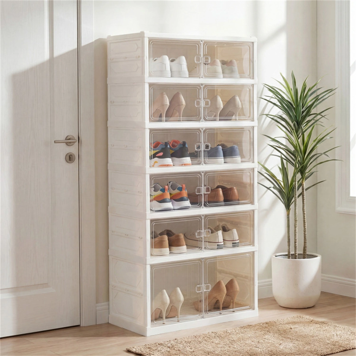 6-Tier Foldable Shoe Rack with Clear Doors, No-Tool Assembly Shoe Storage Organizer for Entryway Closet view 2