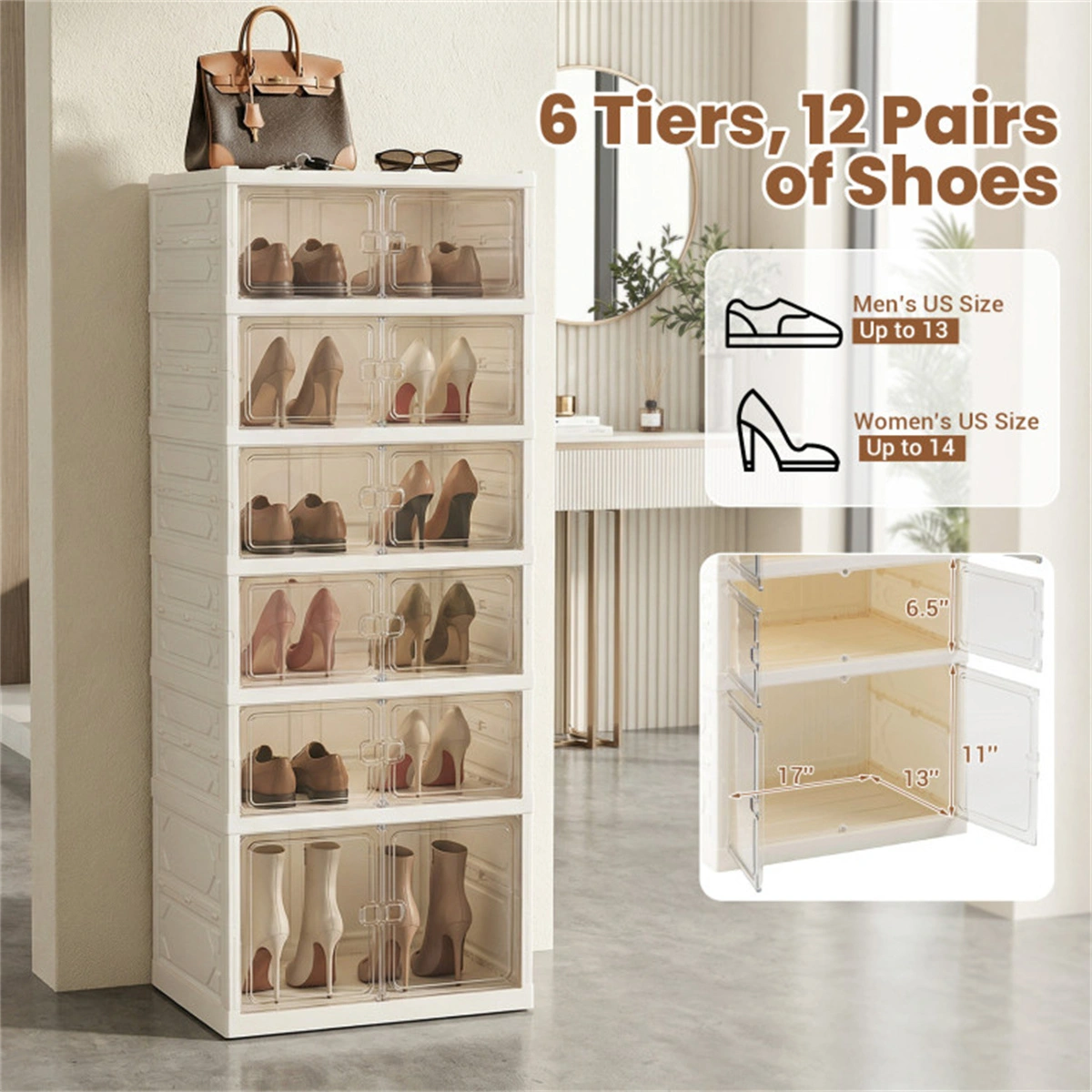 6-Tier Foldable Shoe Rack with Clear Doors, No-Tool Assembly Shoe Storage Organizer for Entryway Closet view 9