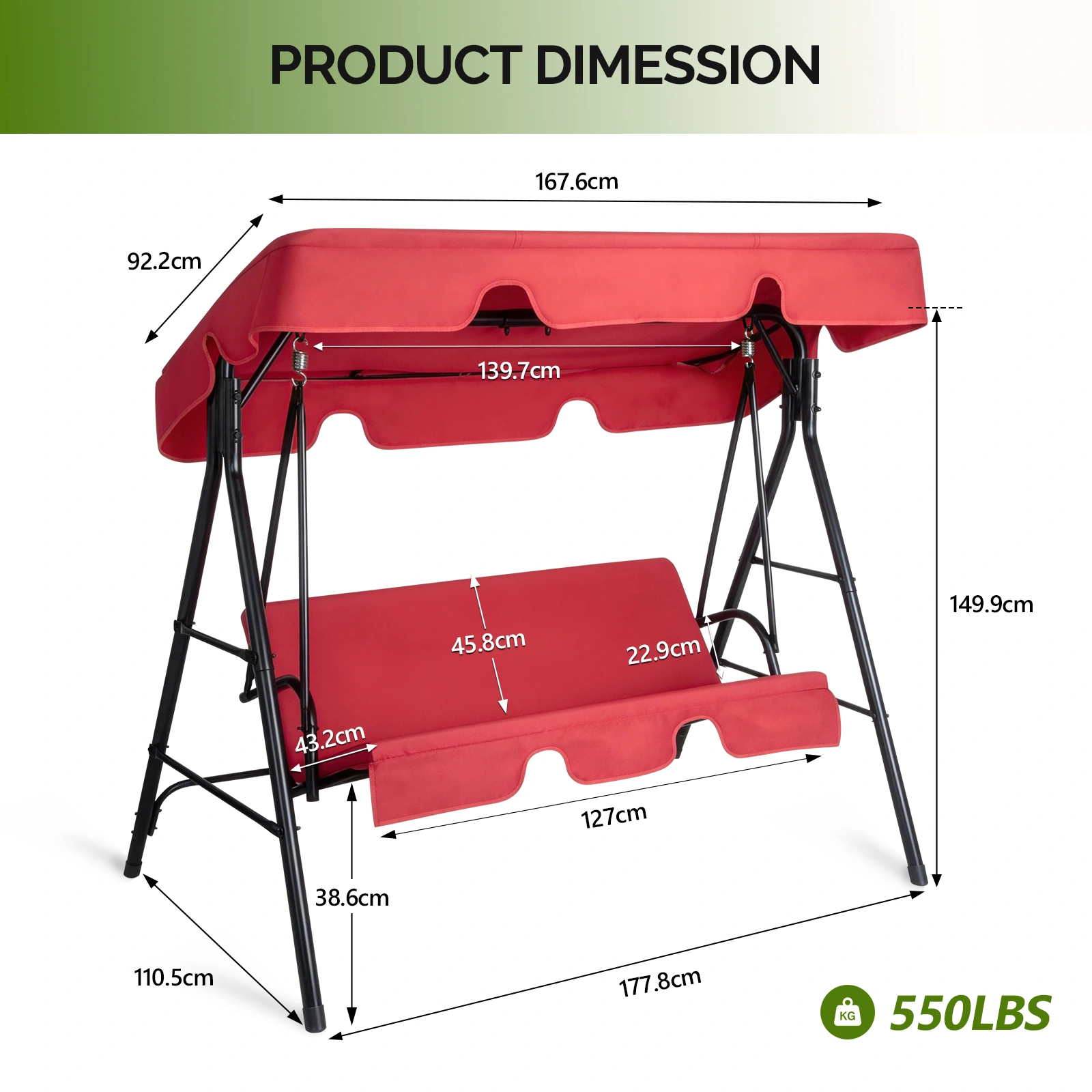 68*43*60 inch Red KD style with cushion canopy Iron Oxford cloth 250kg Iron swing set view 2