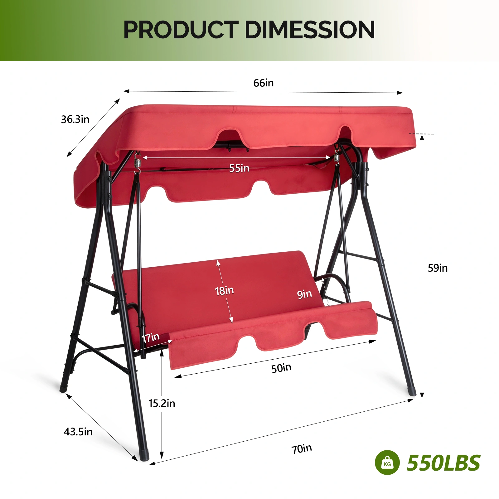 68*43*60 inch Red KD style with cushion canopy Iron Oxford cloth 250kg Iron swing set view 3
