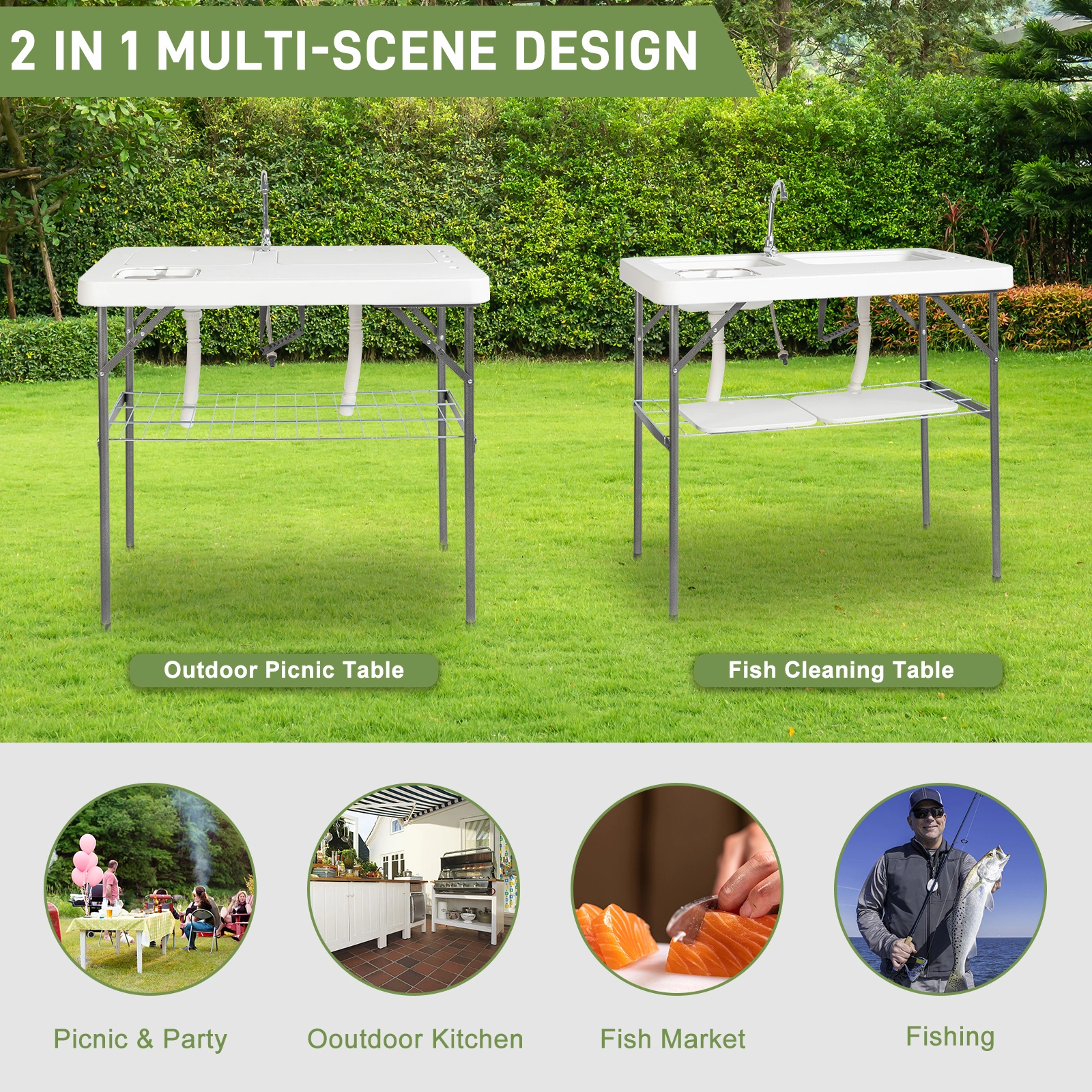 101x65.5x92cm HDPE Rectangular Fish Killing Table with Barbed Wire Foldable Outdoor White view 12