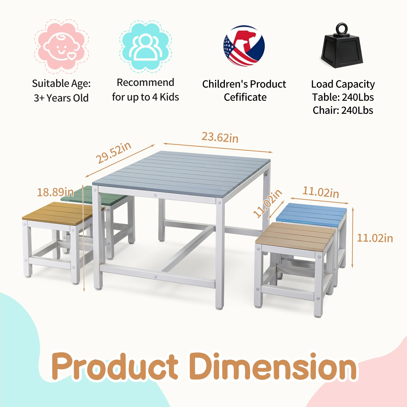 5-piece children's patio table and chair set (1 table + 4 stools), 29.5 inches, blue-khaki, light orange, blue-green color blocking, made of poplar wood view 2