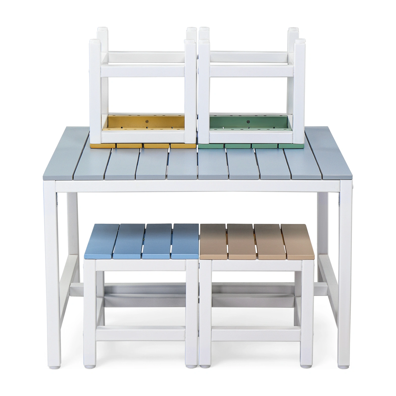 5-piece children's patio table and chair set (1 table + 4 stools), 29.5 inches, blue-khaki, light orange, blue-green color blocking, made of poplar wood view 3