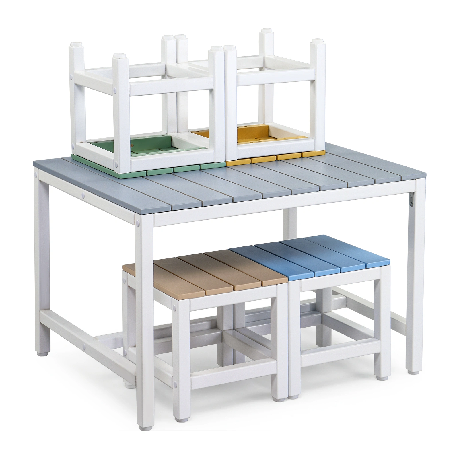 5-piece children's patio table and chair set (1 table + 4 stools), 29.5 inches, blue-khaki, light orange, blue-green color blocking, made of poplar wood view 4