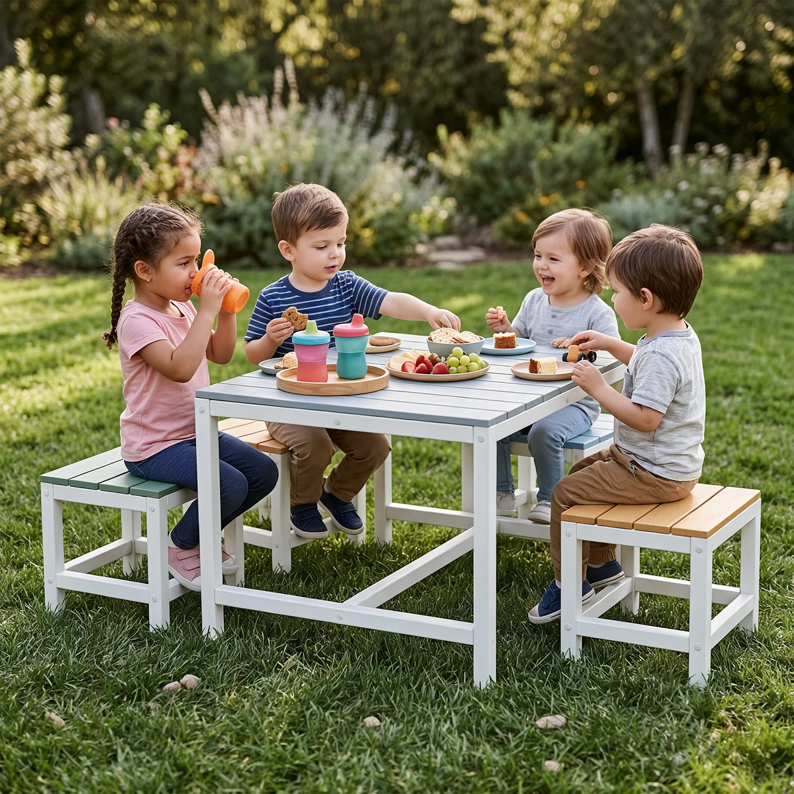 5-piece children's patio table and chair set (1 table + 4 stools), 29.5 inches, blue-khaki, light orange, blue-green color blocking, made of poplar wood view 5