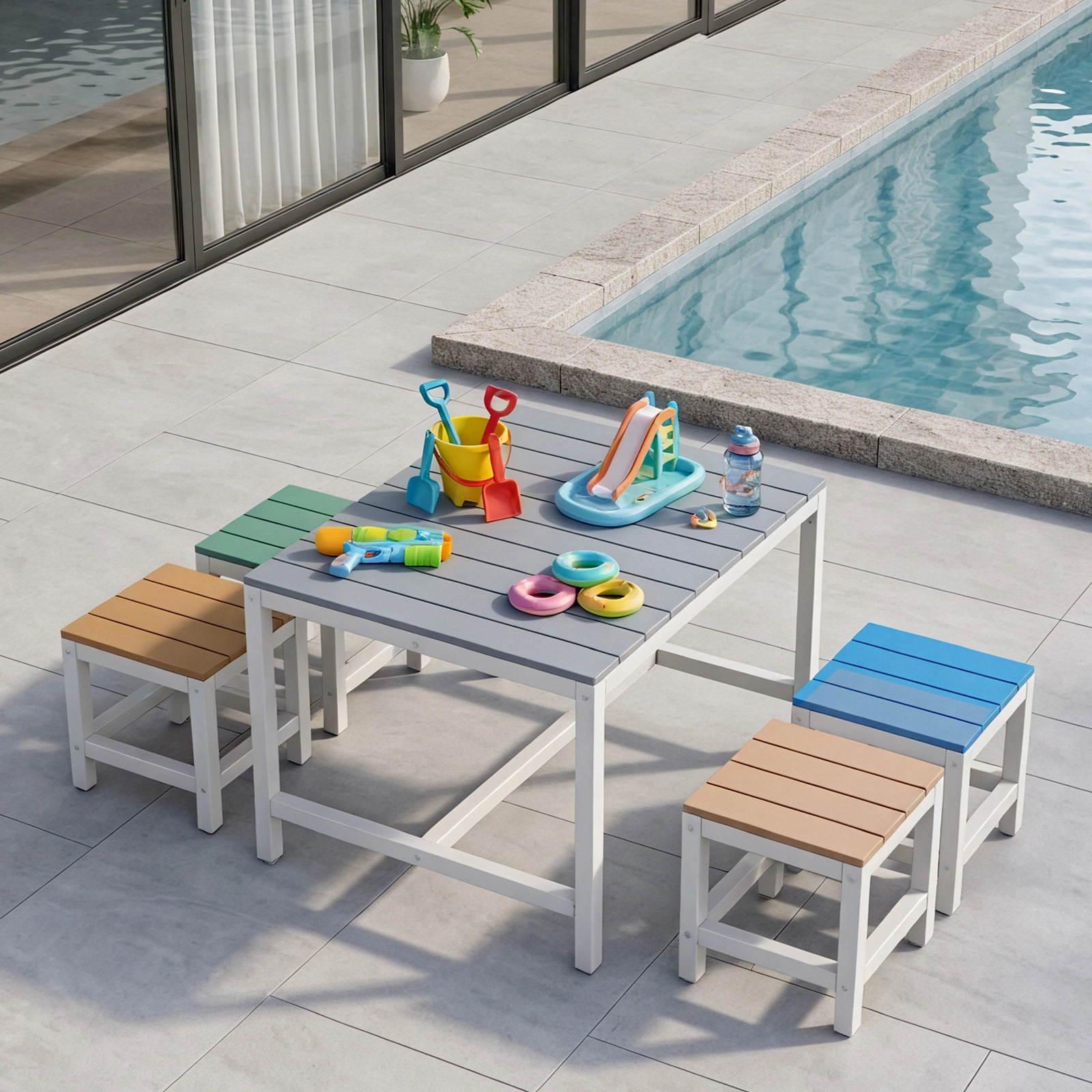 5-piece children's patio table and chair set (1 table + 4 stools), 29.5 inches, blue-khaki, light orange, blue-green color blocking, made of poplar wood view 6