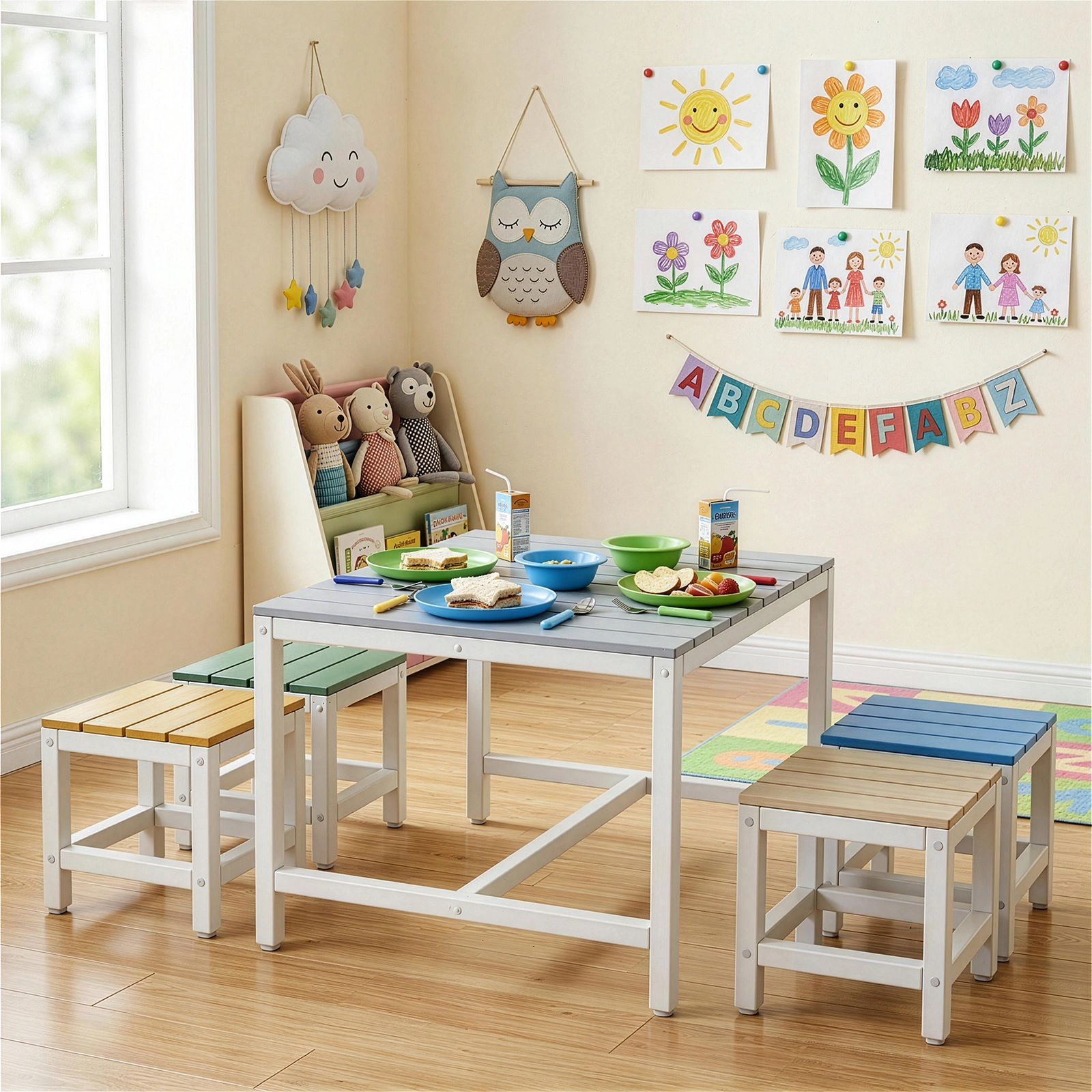 5-piece children's patio table and chair set (1 table + 4 stools), 29.5 inches, blue-khaki, light orange, blue-green color blocking, made of poplar wood view 7