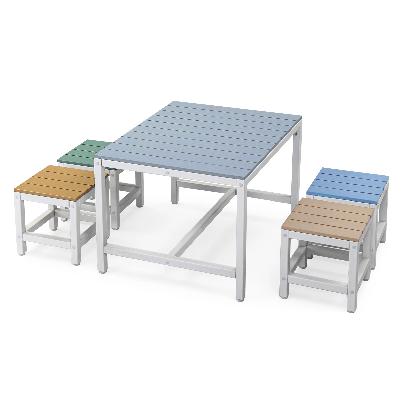 5-piece children's patio table and chair set (1 table + 4 stools), 29.5 inches, blue-khaki, light orange, blue-green color blocking, made of poplar wood view 8