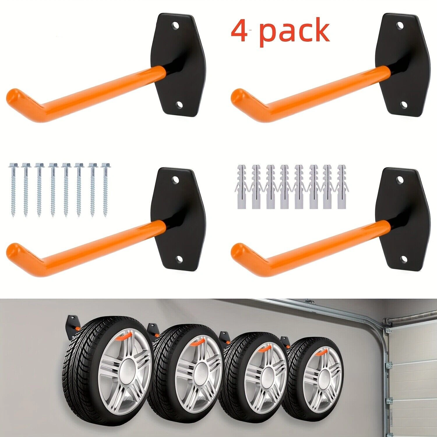 4x Tire Wall Mount Hangers - Heavy Duty Auto Tire Rack Hooks for Garage Storage, Holds Rims & Wheels