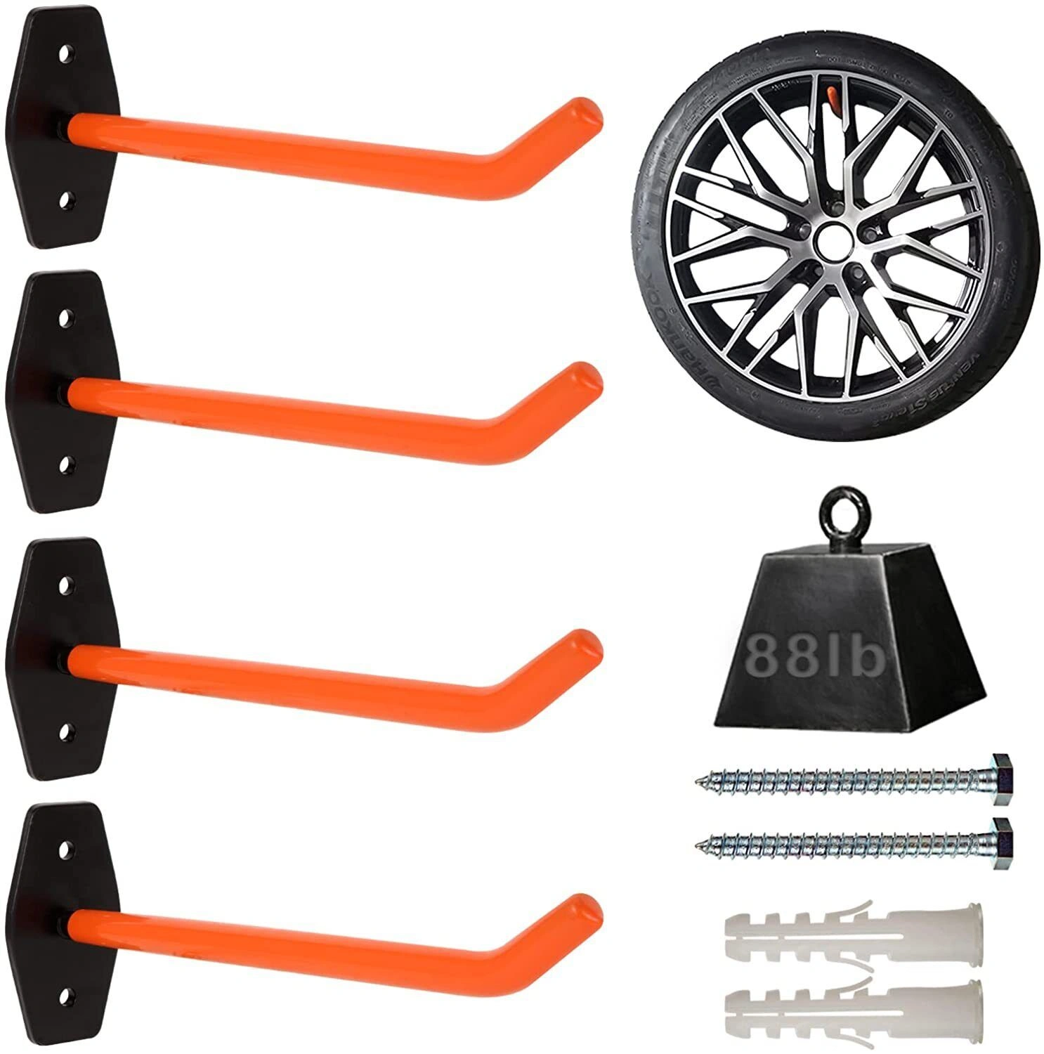 4x Tire Wall Mount Hangers - Heavy Duty Auto Tire Rack Hooks for Garage Storage, Holds Rims & Wheels view 2