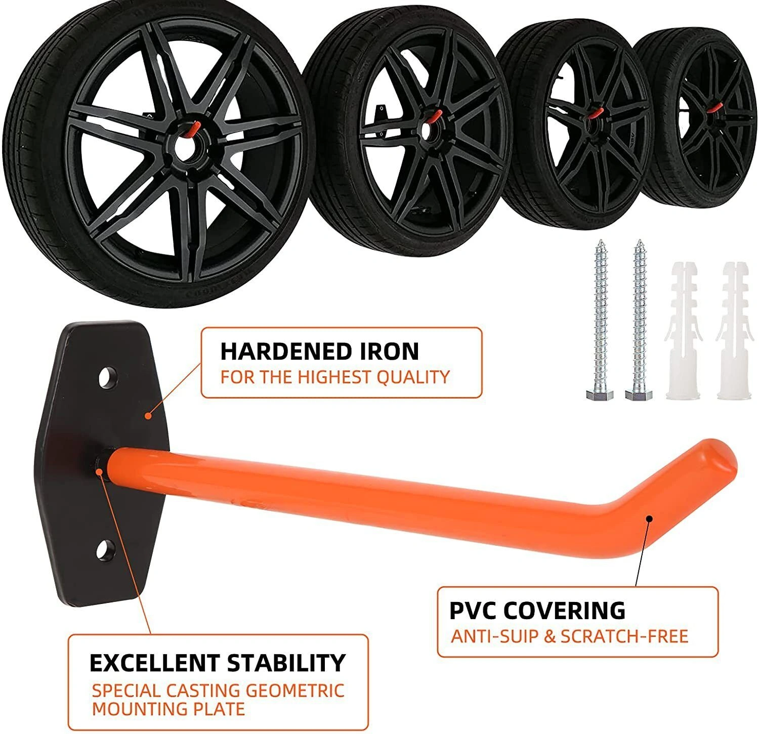 4x Tire Wall Mount Hangers - Heavy Duty Auto Tire Rack Hooks for Garage Storage, Holds Rims & Wheels view 4