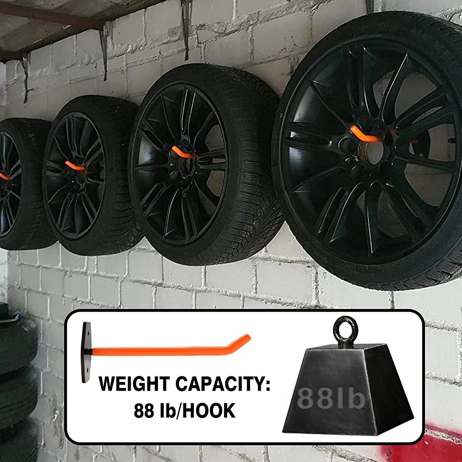 4x Tire Wall Mount Hangers - Heavy Duty Auto Tire Rack Hooks for Garage Storage, Holds Rims & Wheels view 5