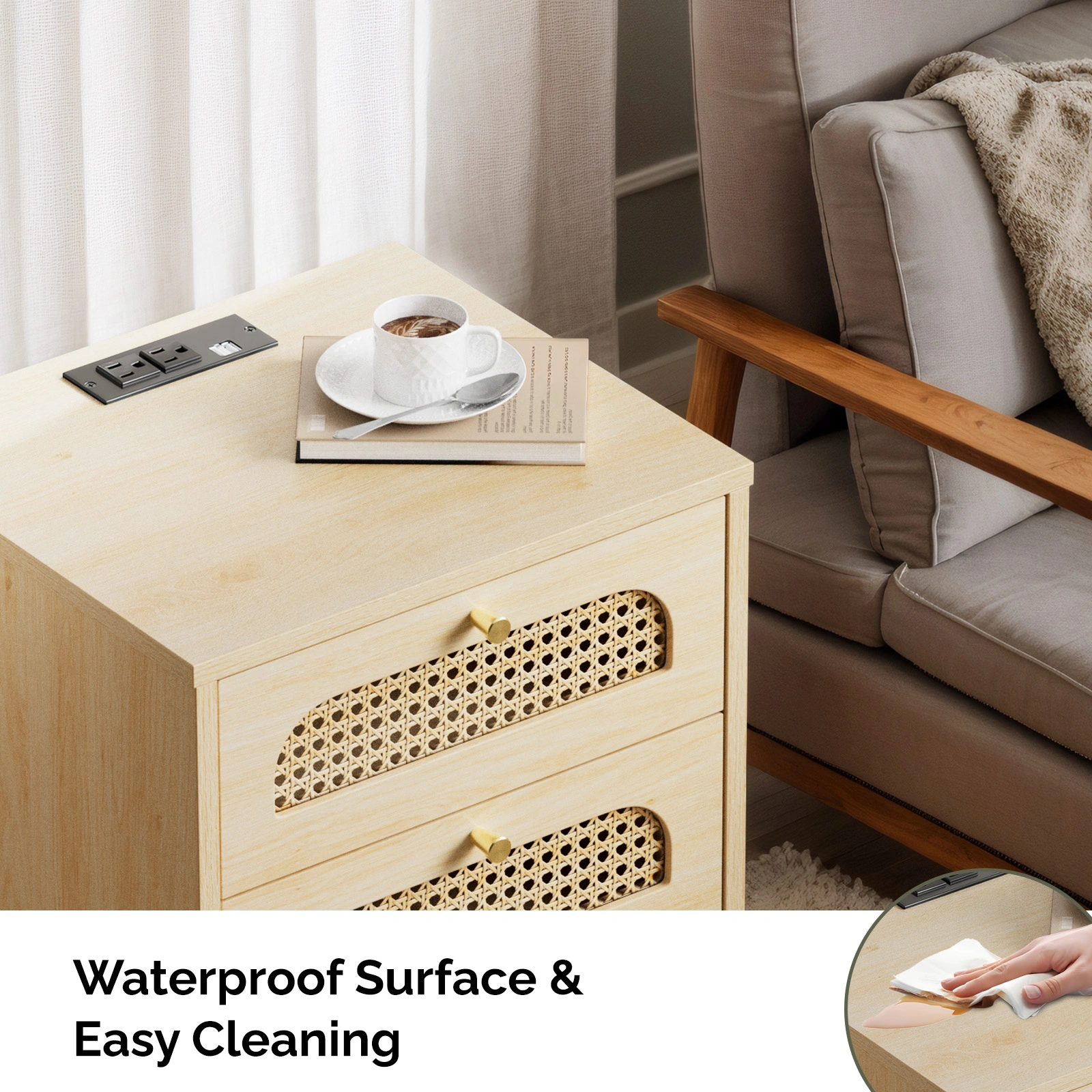 3-Drawer Nightstand with Rattan-Style Finish 15.75"*13.78"*23.82" with Power Outlet Oak view 10