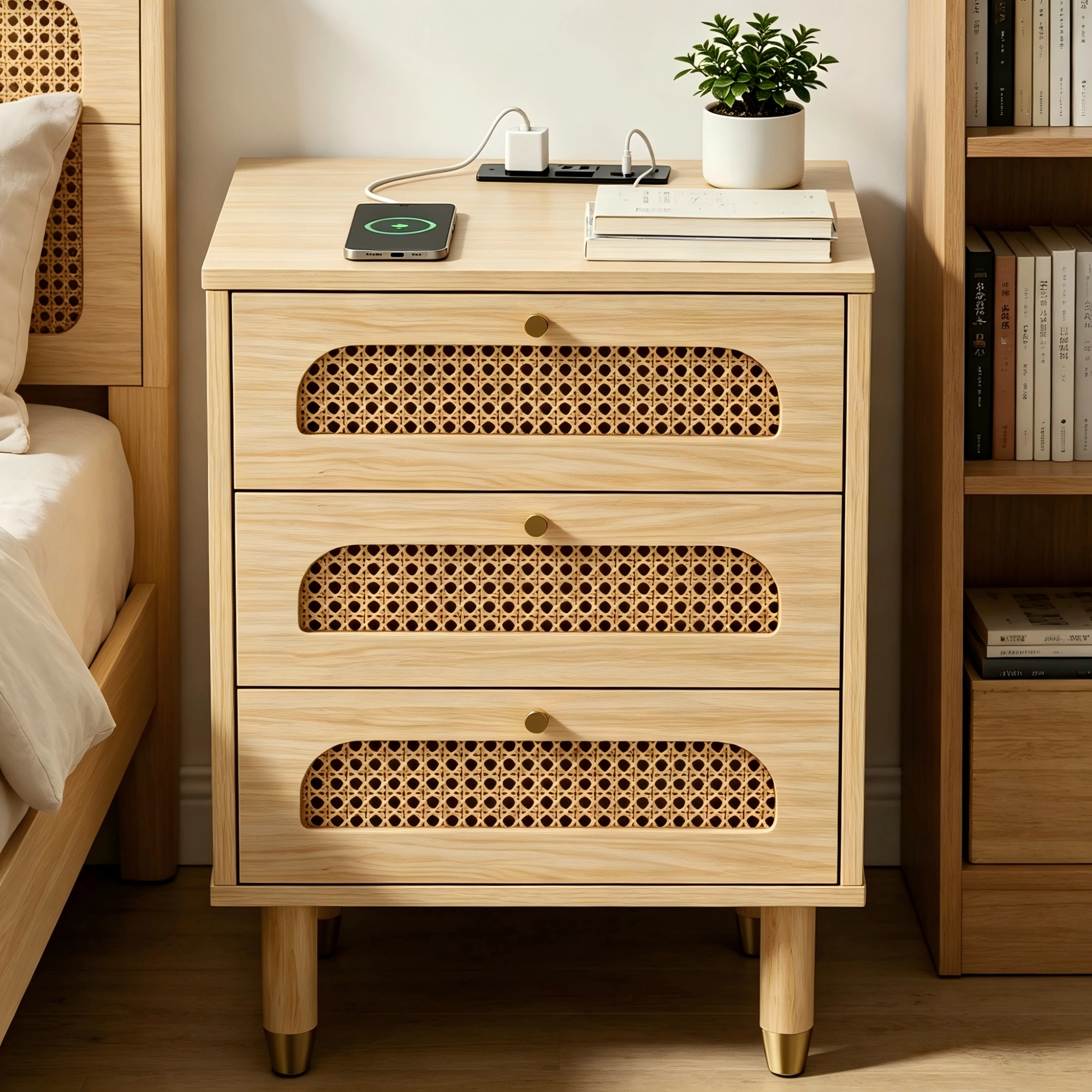 3-Drawer Nightstand with Rattan-Style Finish 15.75"*13.78"*23.82" with Power Outlet Oak view 11