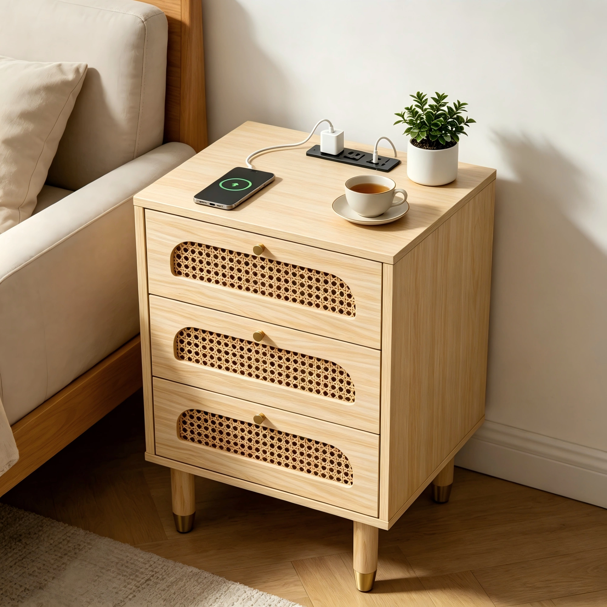 3-Drawer Nightstand with Rattan-Style Finish 15.75"*13.78"*23.82" with Power Outlet Oak view 12