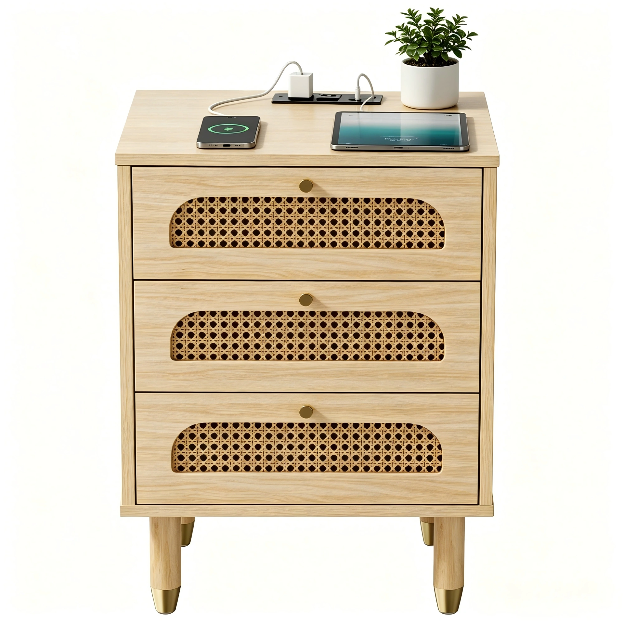 3-Drawer Nightstand with Rattan-Style Finish 15.75"*13.78"*23.82" with Power Outlet Oak view 2